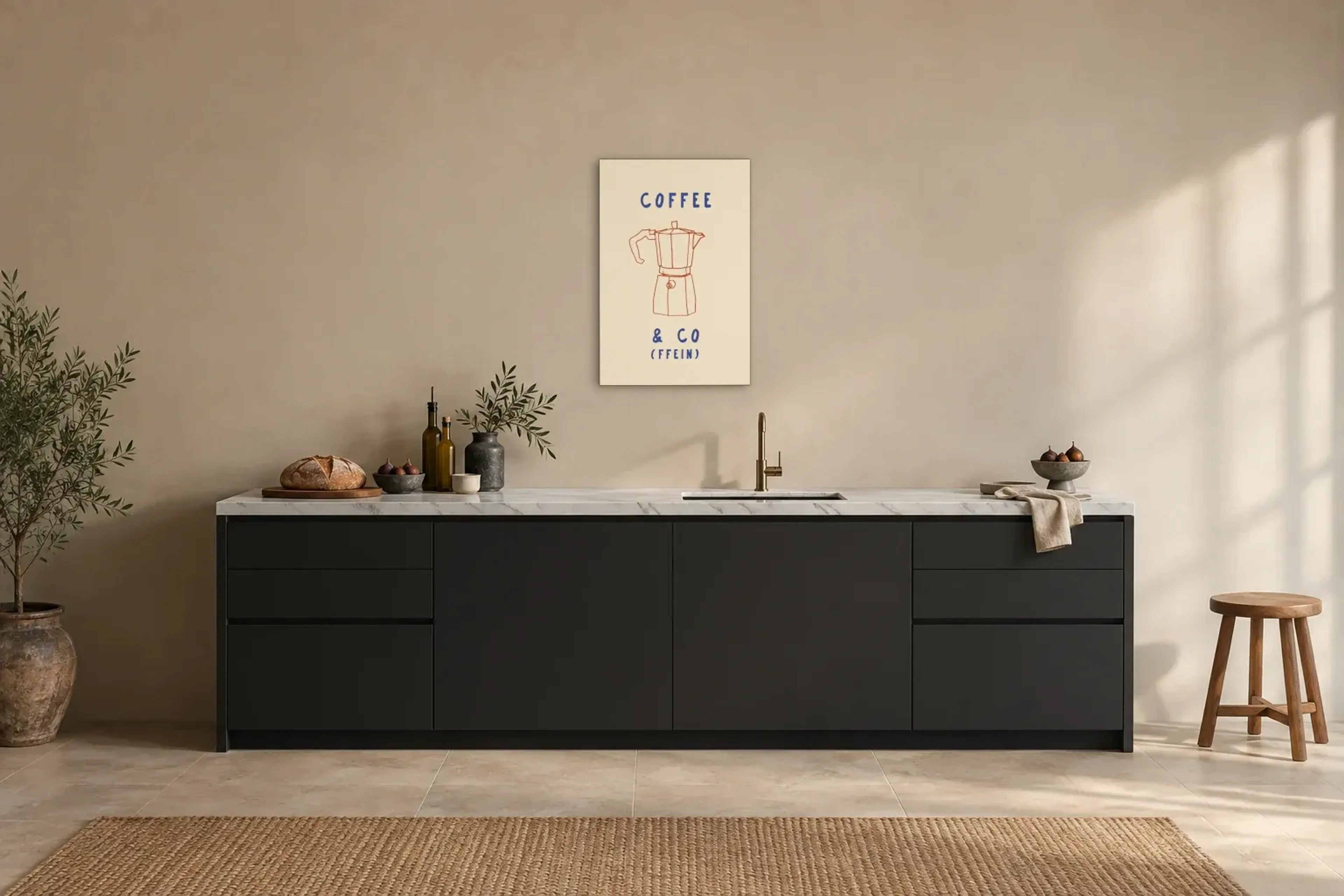 Kaffeekanne mit Wortspiel als Wandbild über einer 200-cm-Arbeitsplatte
