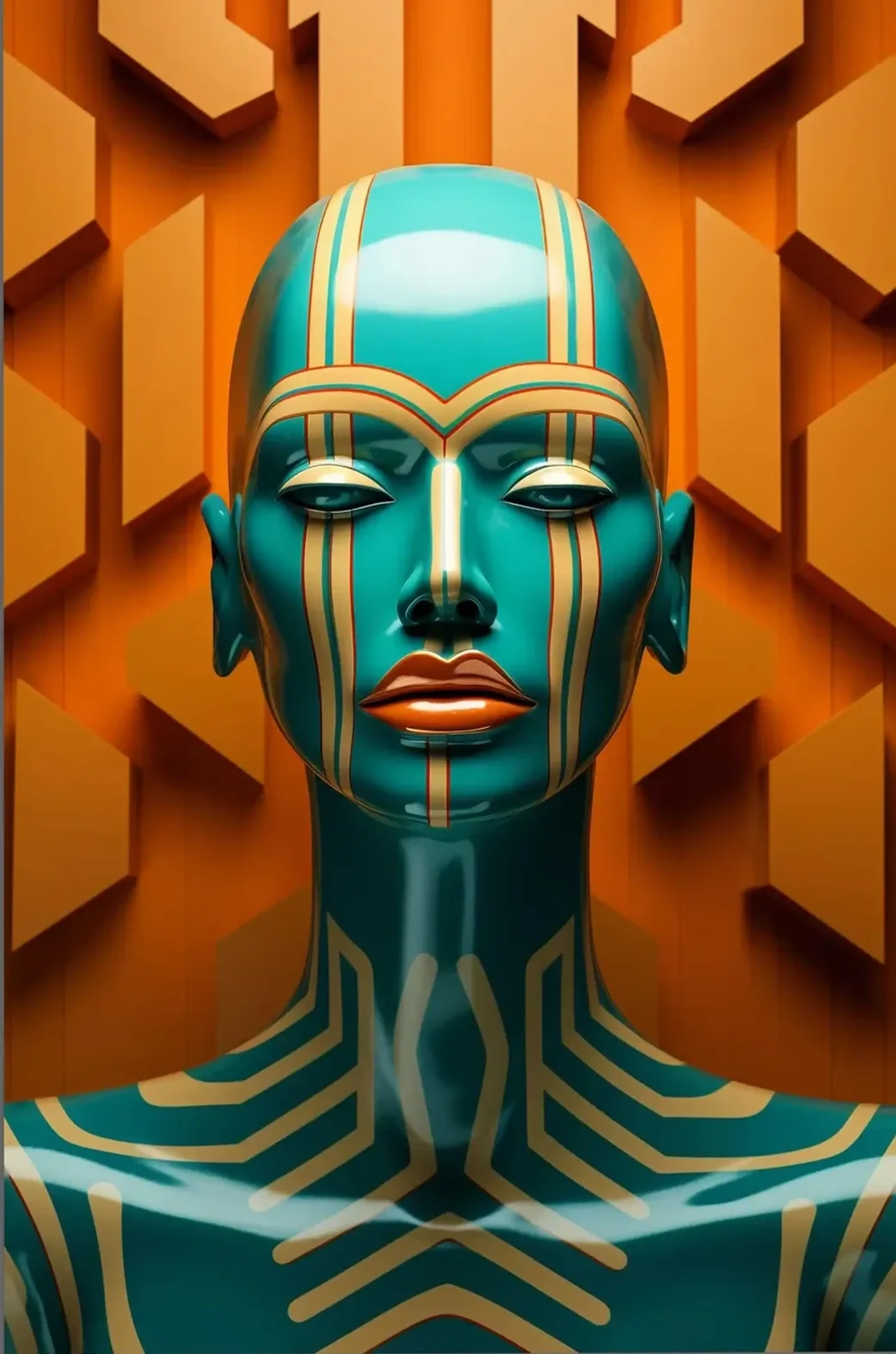 Glänzendes türkisfarbenes Gesicht mit goldfarbenen Linien vor einem orangefarbenen geometrischen Hintergrund.