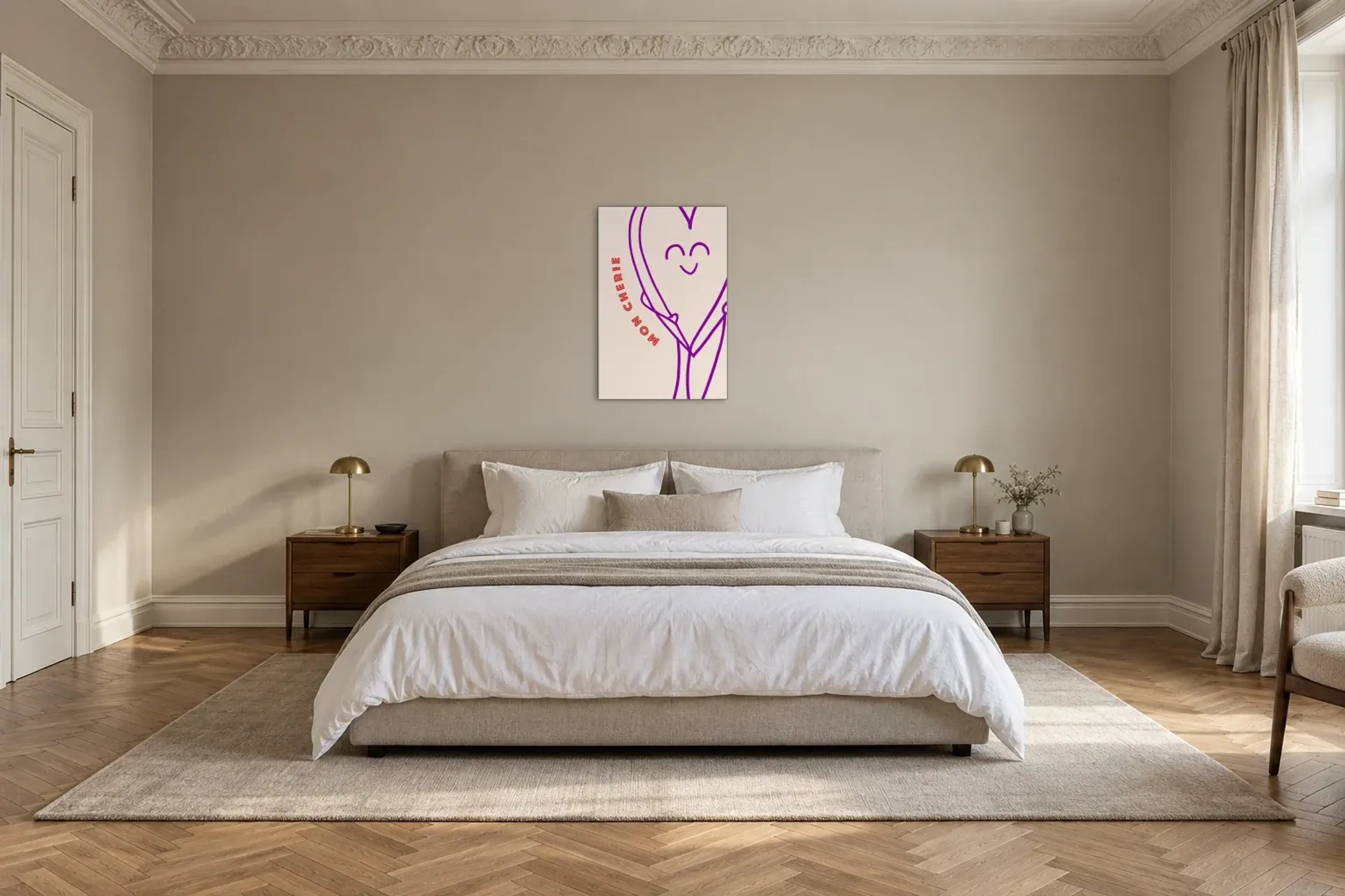 Herz Mon Cherie als Wandbild über einem 180-cm-Bett