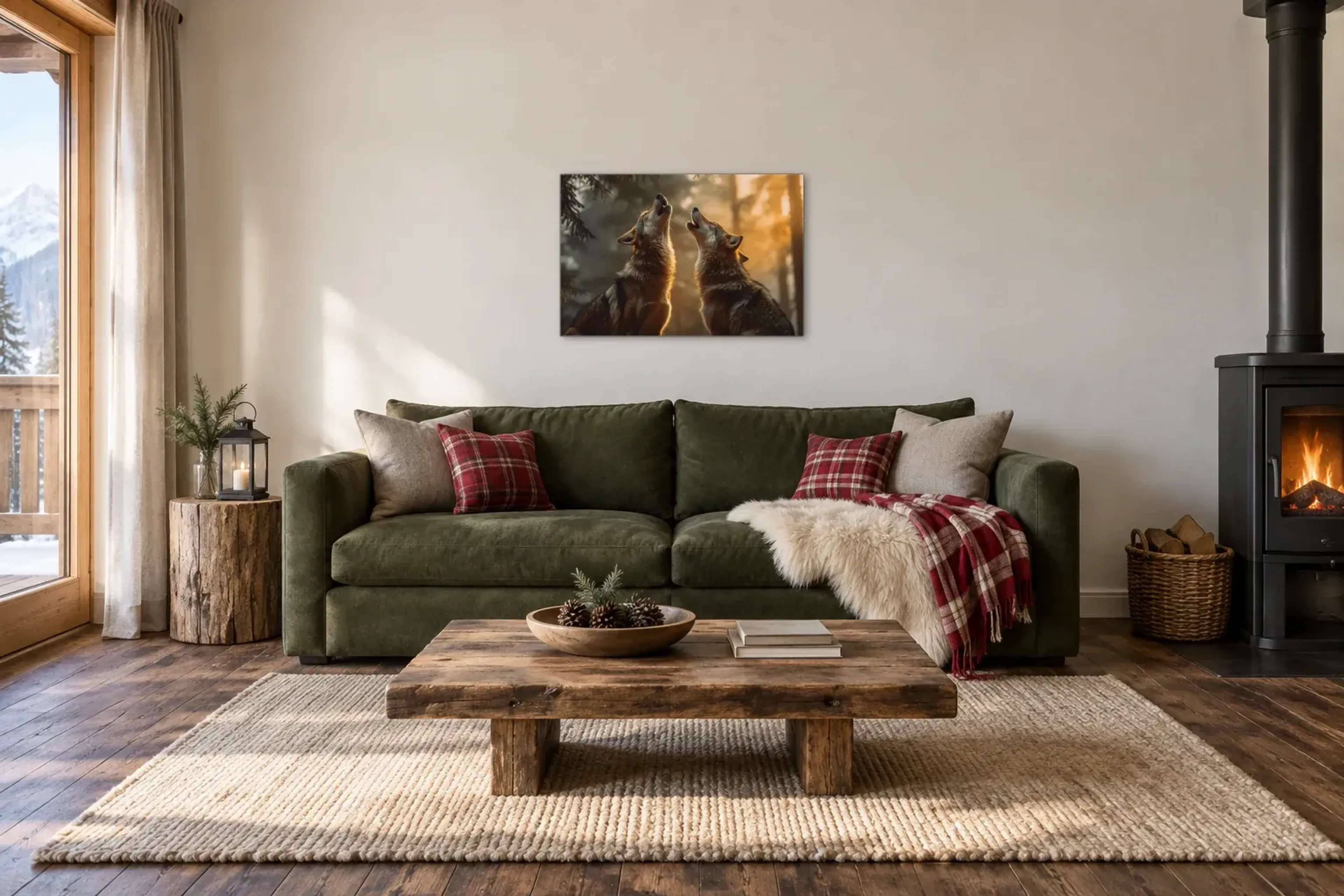 Heulen im goldenen Wald als Wandbild über einem 220-cm-Sofa