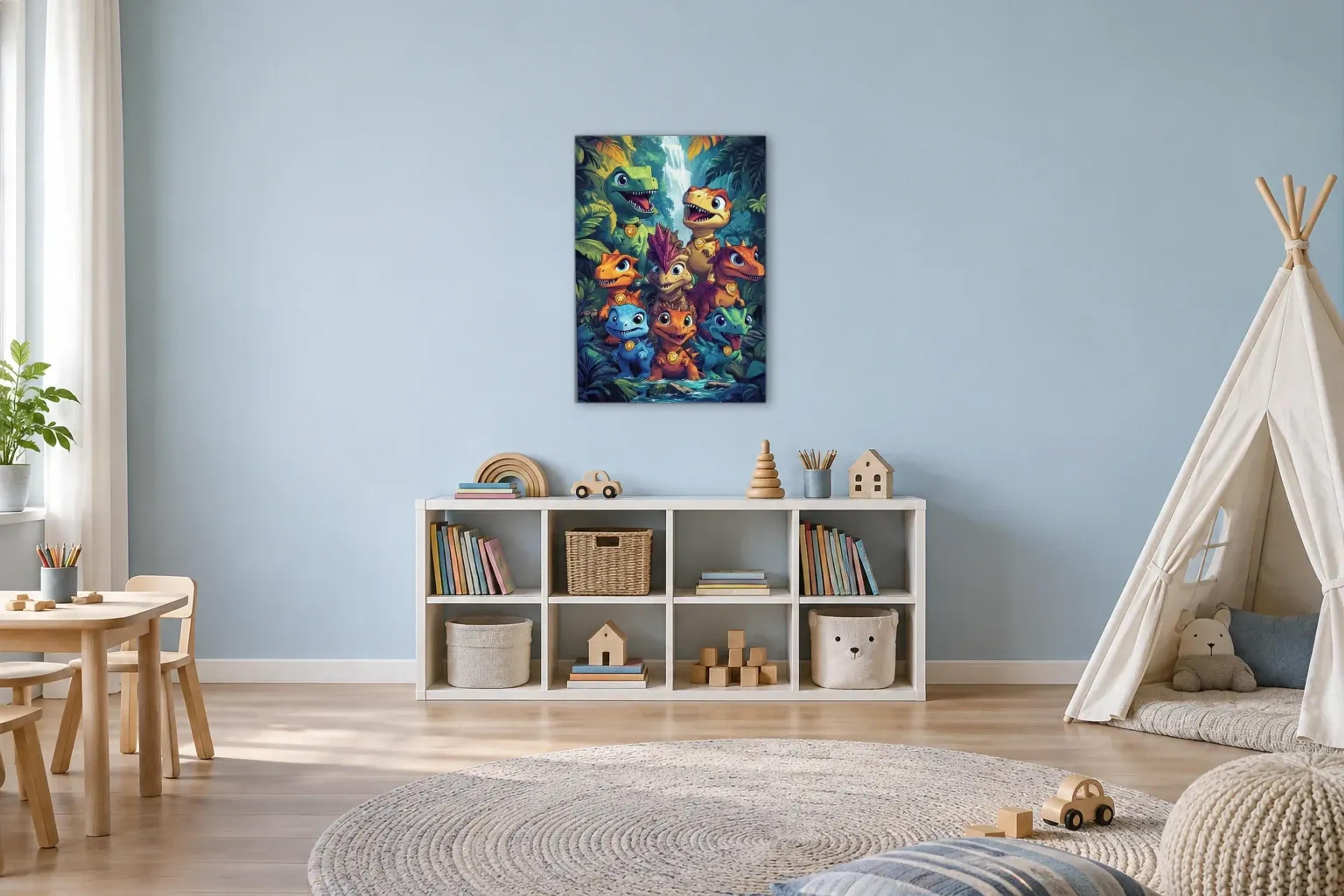 Dinotreffen am Dschungelbach als Wandbild über einem 120-cm-Spielregal