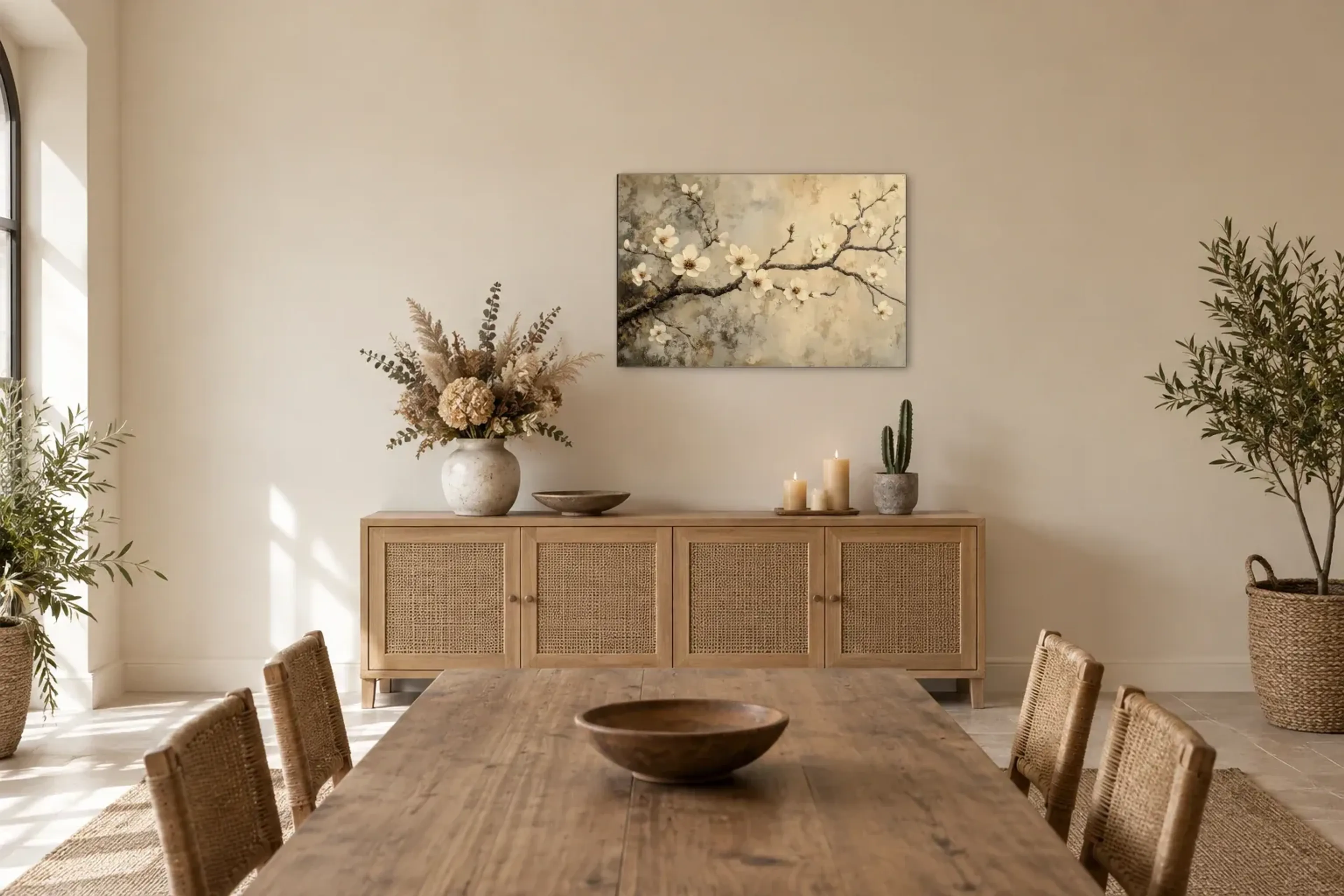 Mandelblüte als Wandbild über einem 160-cm-Sideboard