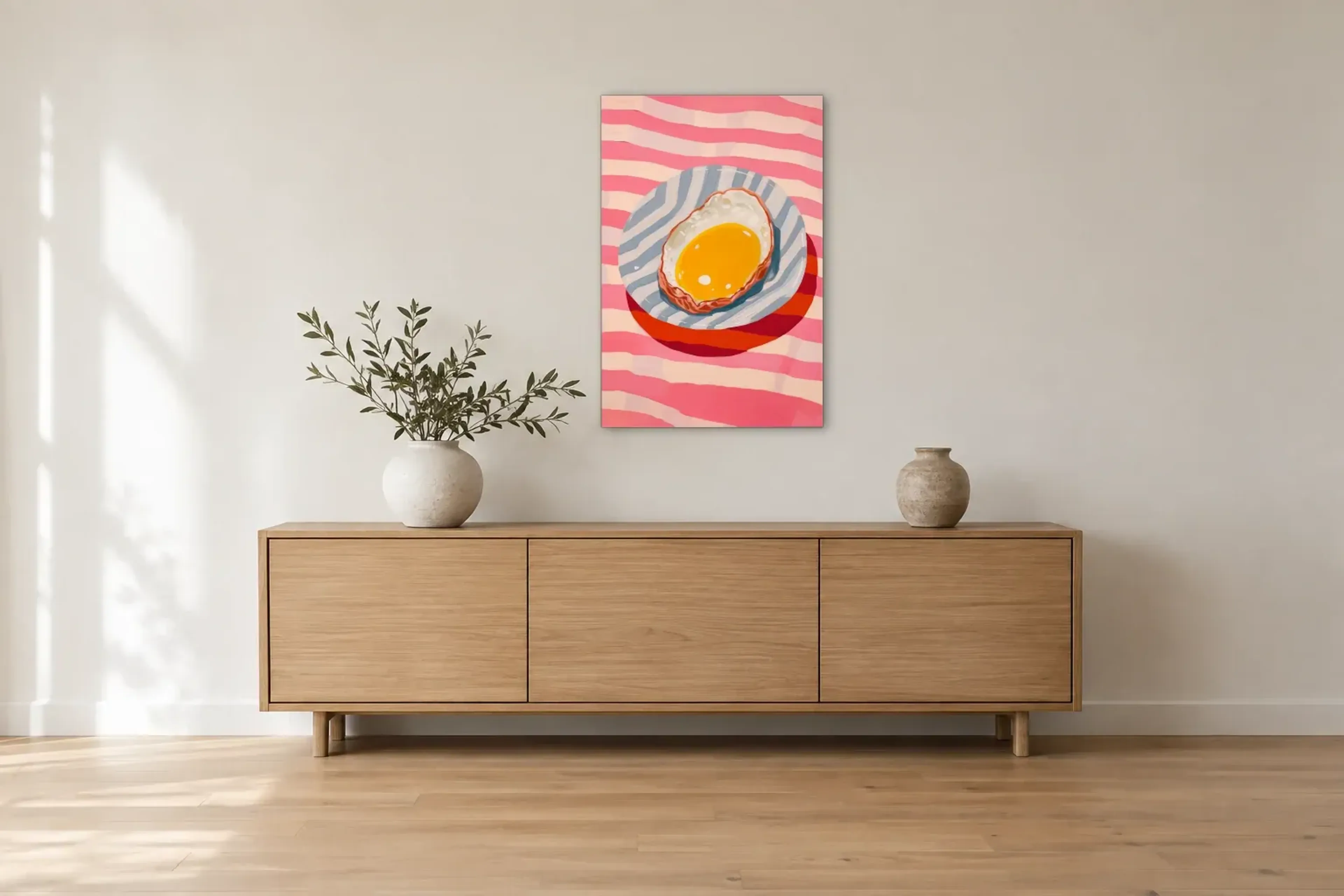 Spiegelei auf Streifenteller als Wandbild über einem 180-cm-Sideboard