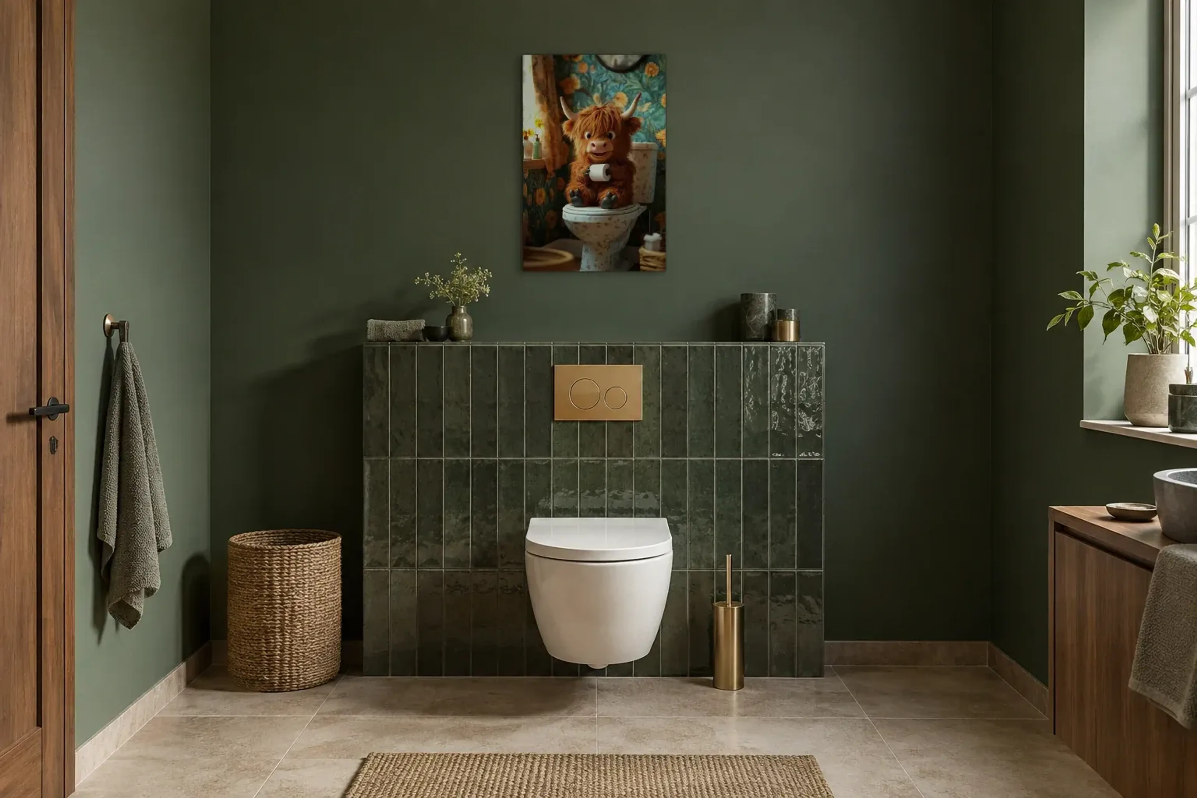 Hochlandrind im Blumenbad als Wandbild im Gäste-WC