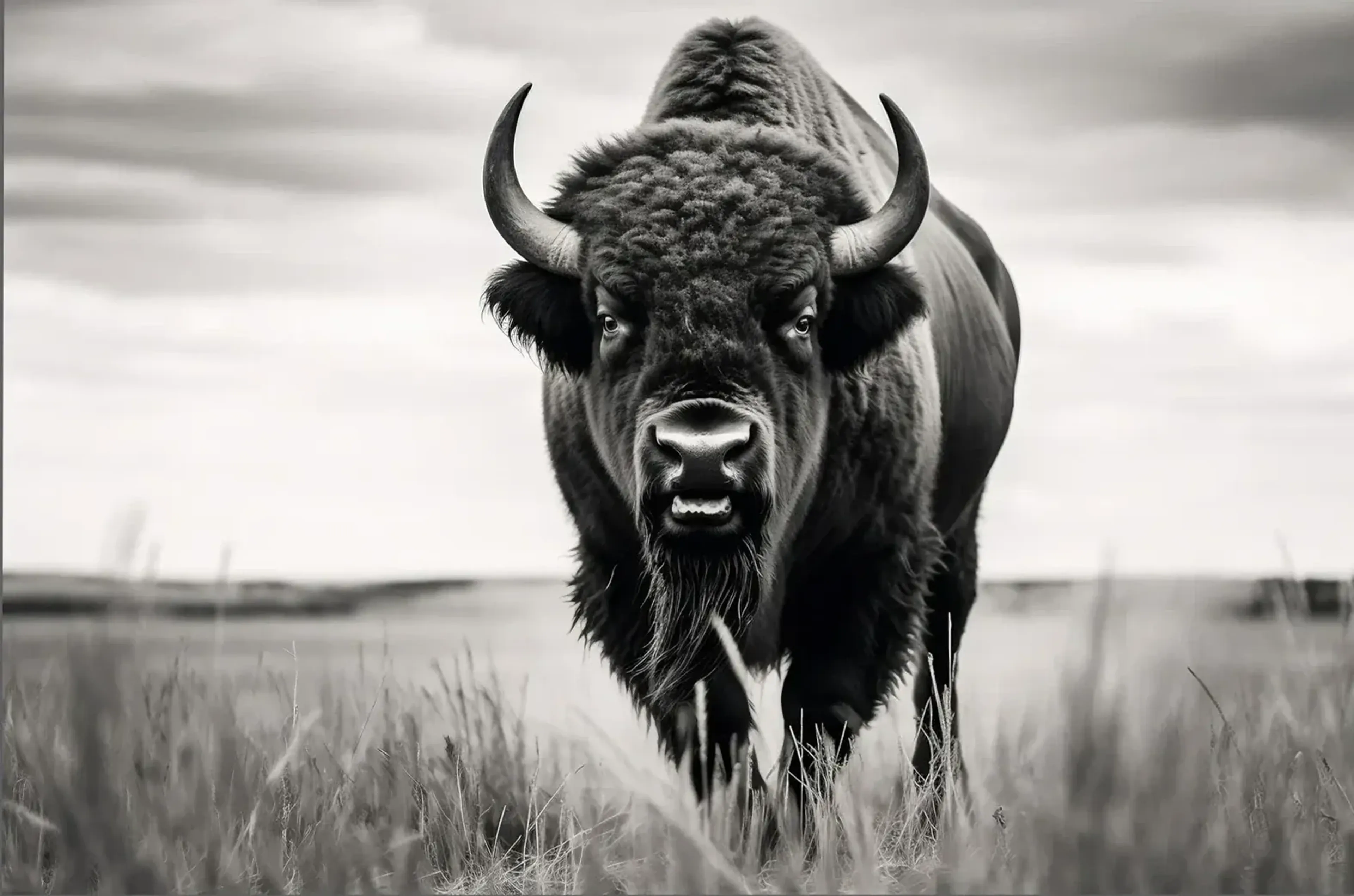 Ein Bison mit leicht geöffnetem Maul steht im hohen Gras unter wolkigem Himmel in Schwarz-Weiß.