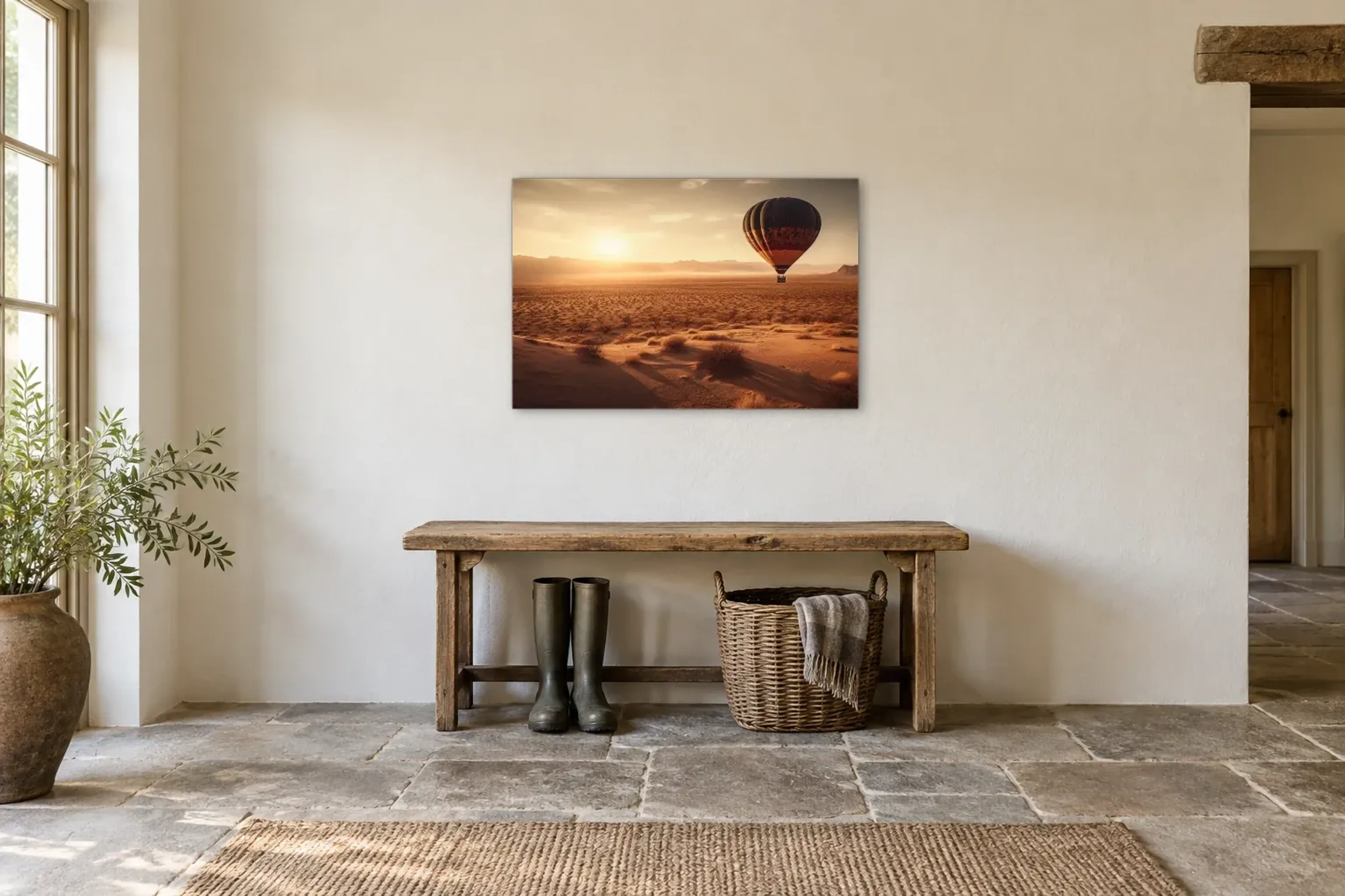 Ballon über der Wüste als Wandbild über einer 120-cm-Bank