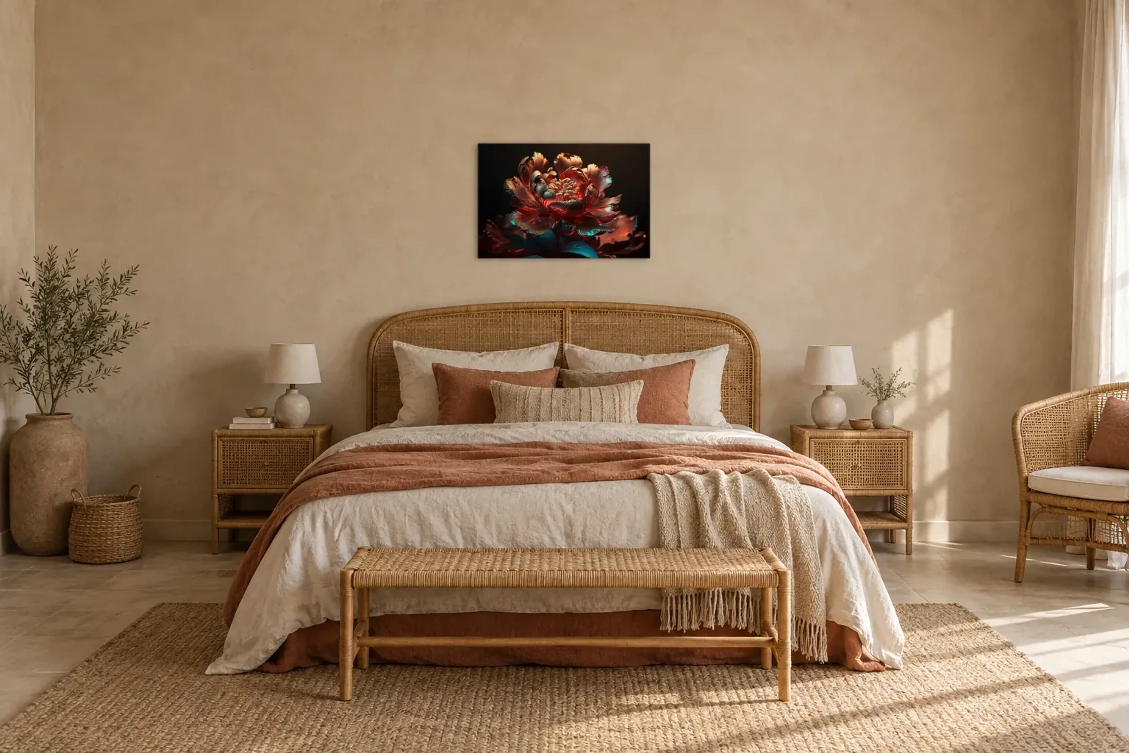 Blüte in Kupferrot als Wandbild über einem 180-cm-Bett