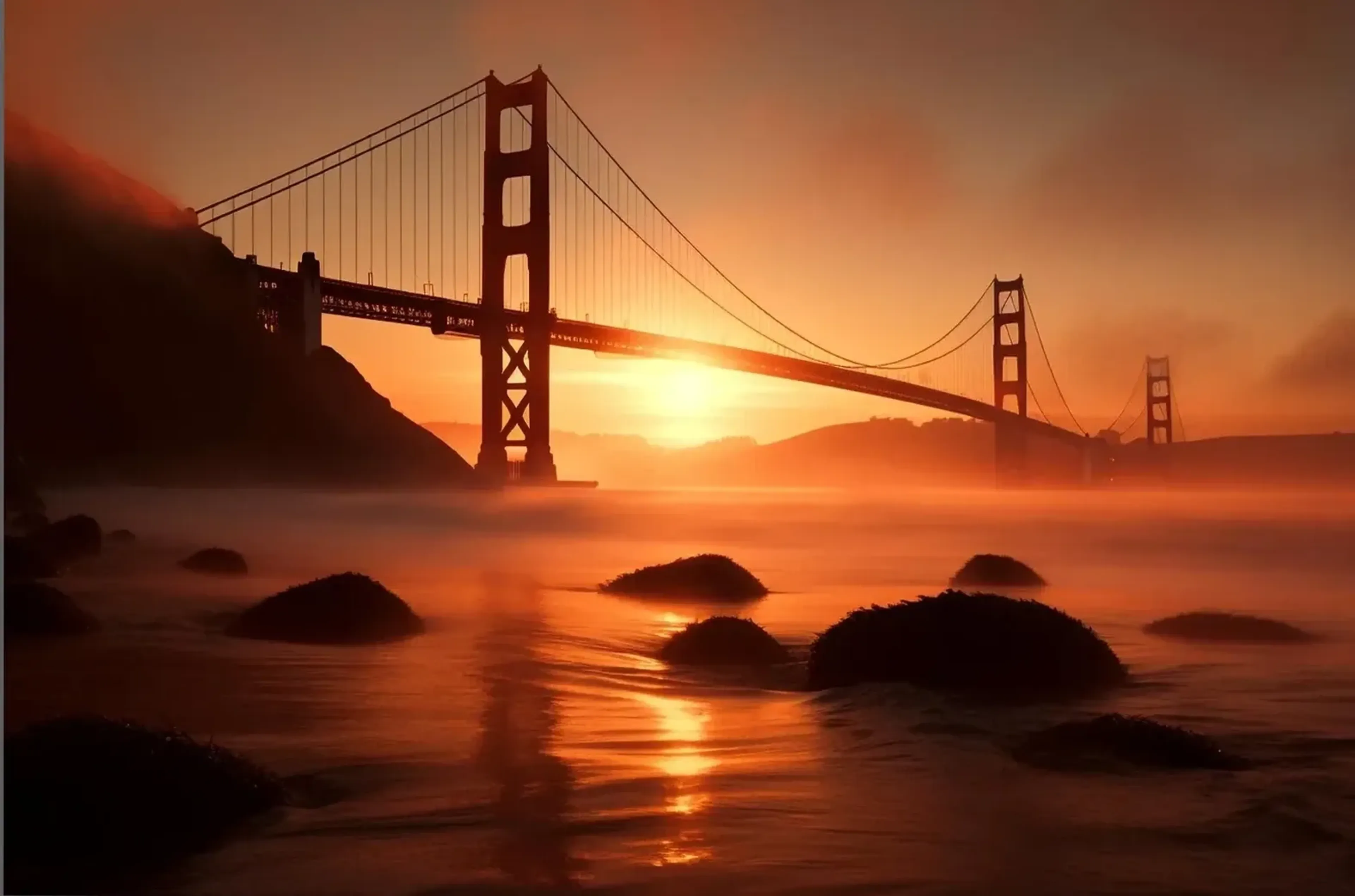 Eine Hängebrücke steht im orangefarbenen Gegenlicht über nebligem Wasser mit dunklen Felsen im Vordergrund.