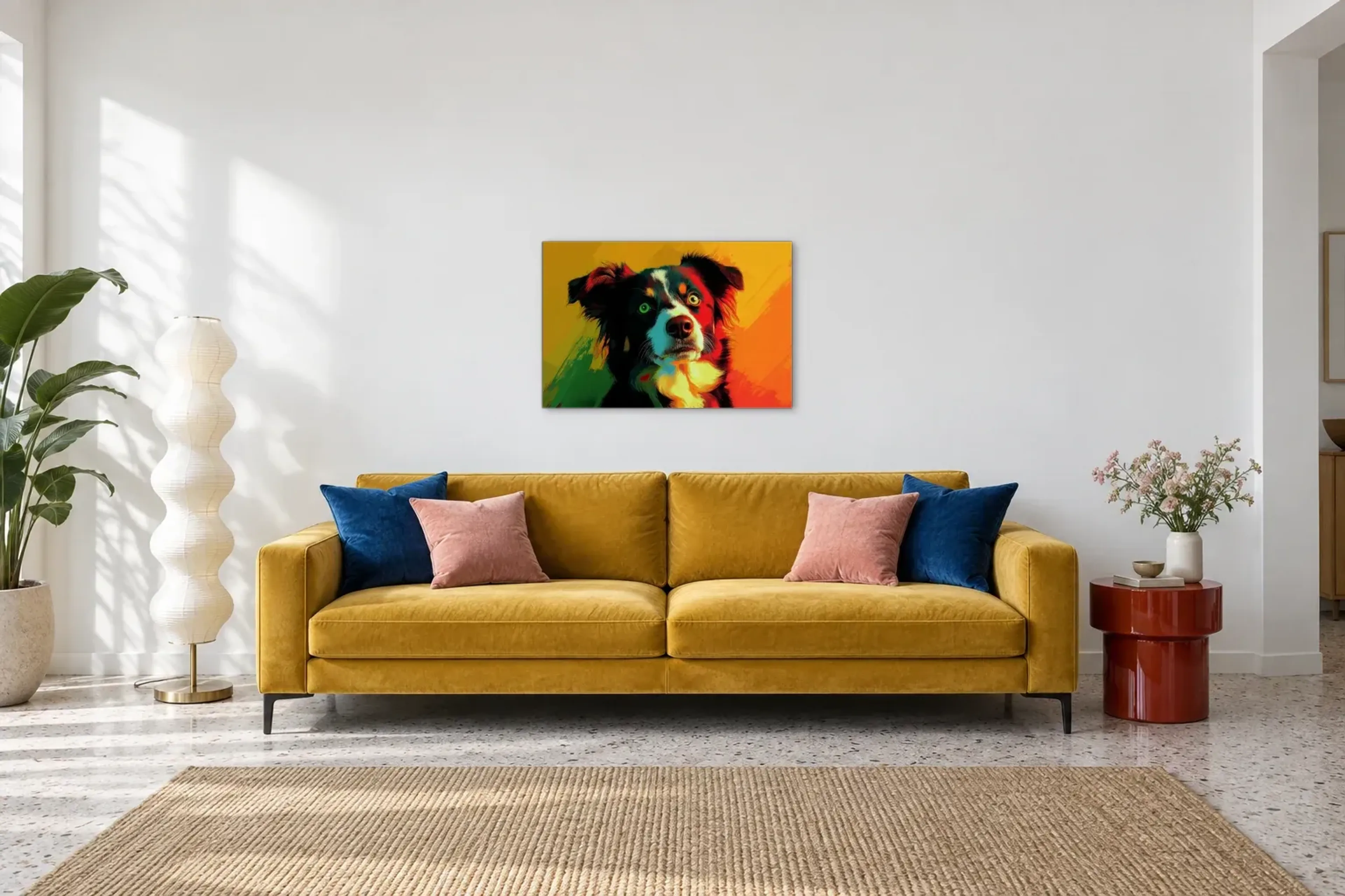 Australian Shepherd als Wandbild über einem 220-cm-Sofa