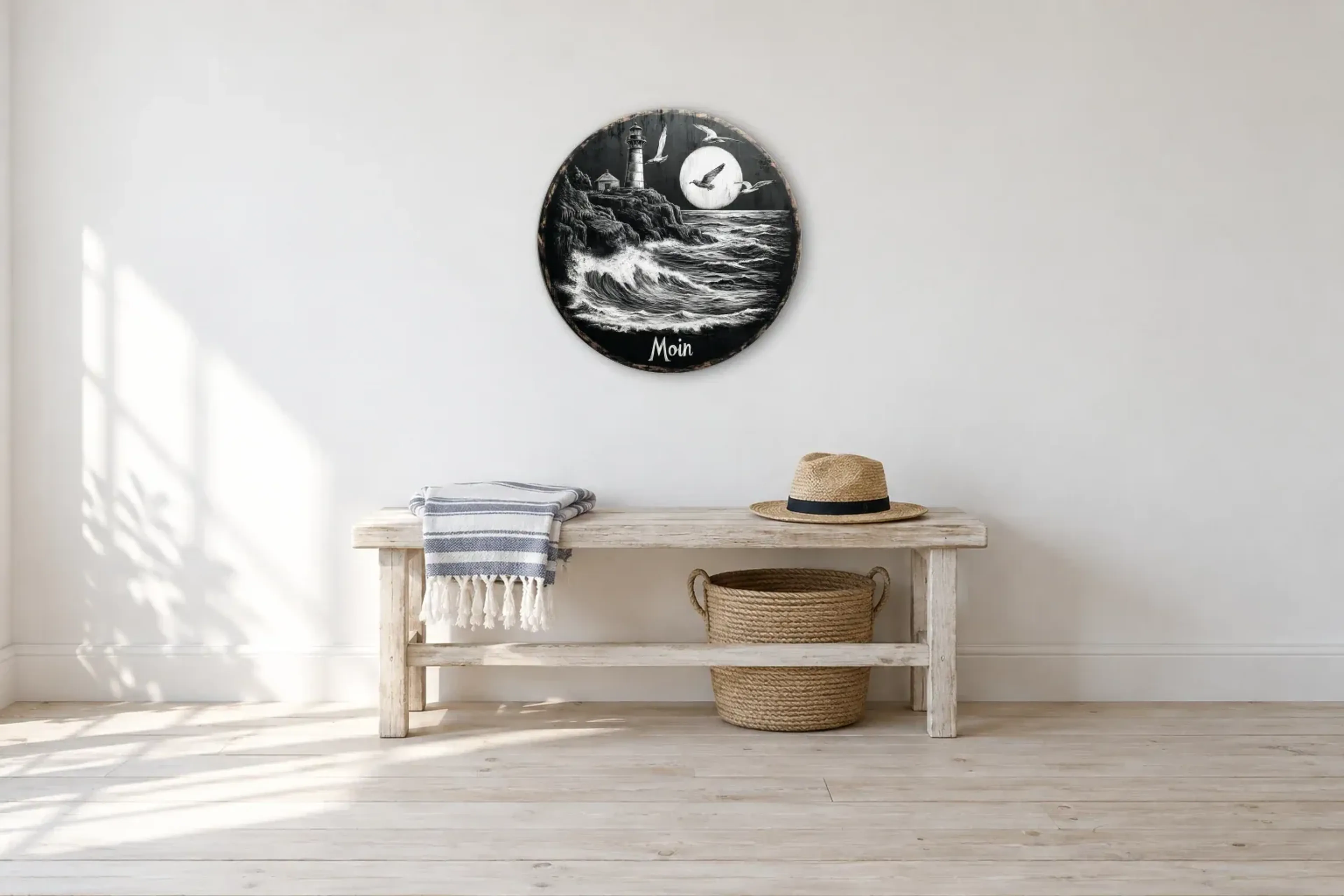 Moin am Meer als Wandbild über einer 100-cm-Bank