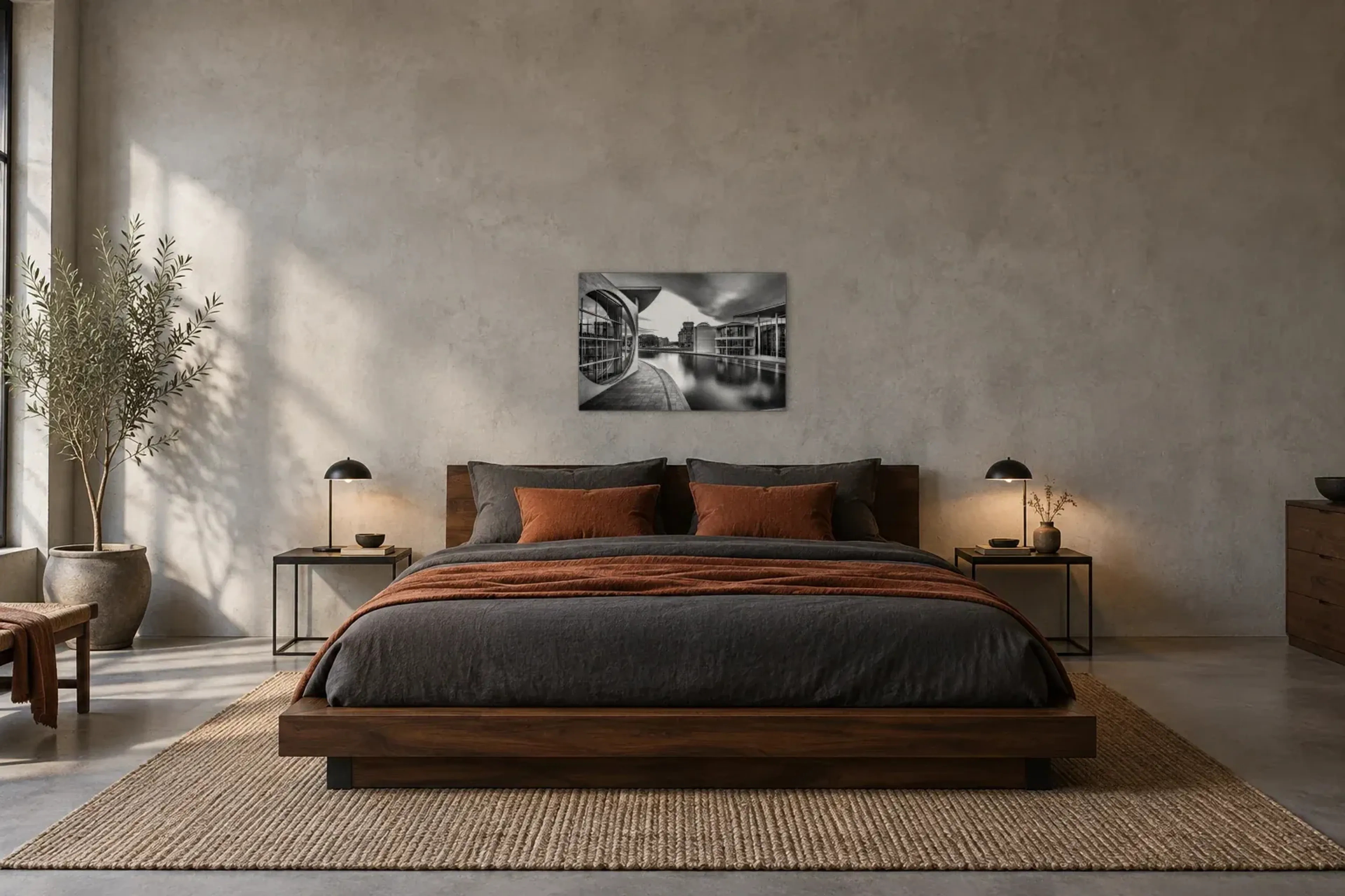 Architektur am Wasser als Wandbild über einem 180-cm-Bett