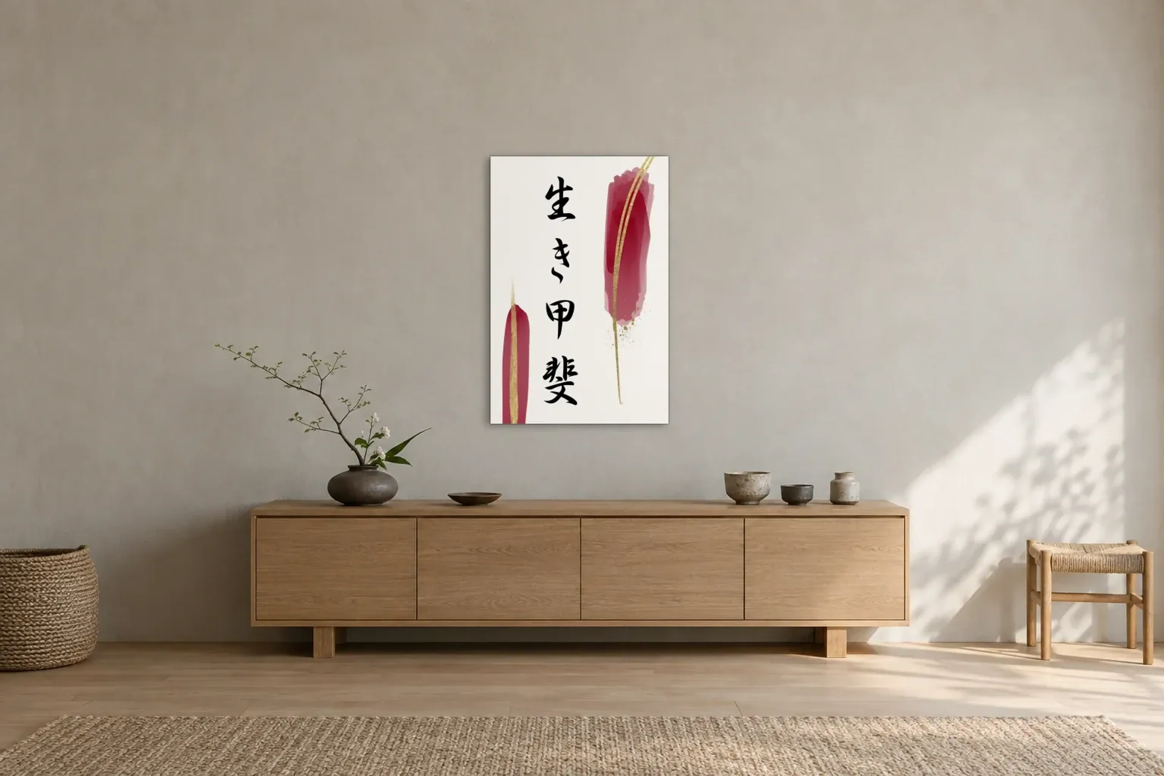 Schrift zwischen Rot und Gold als Wandbild über einem 180-cm-Sideboard