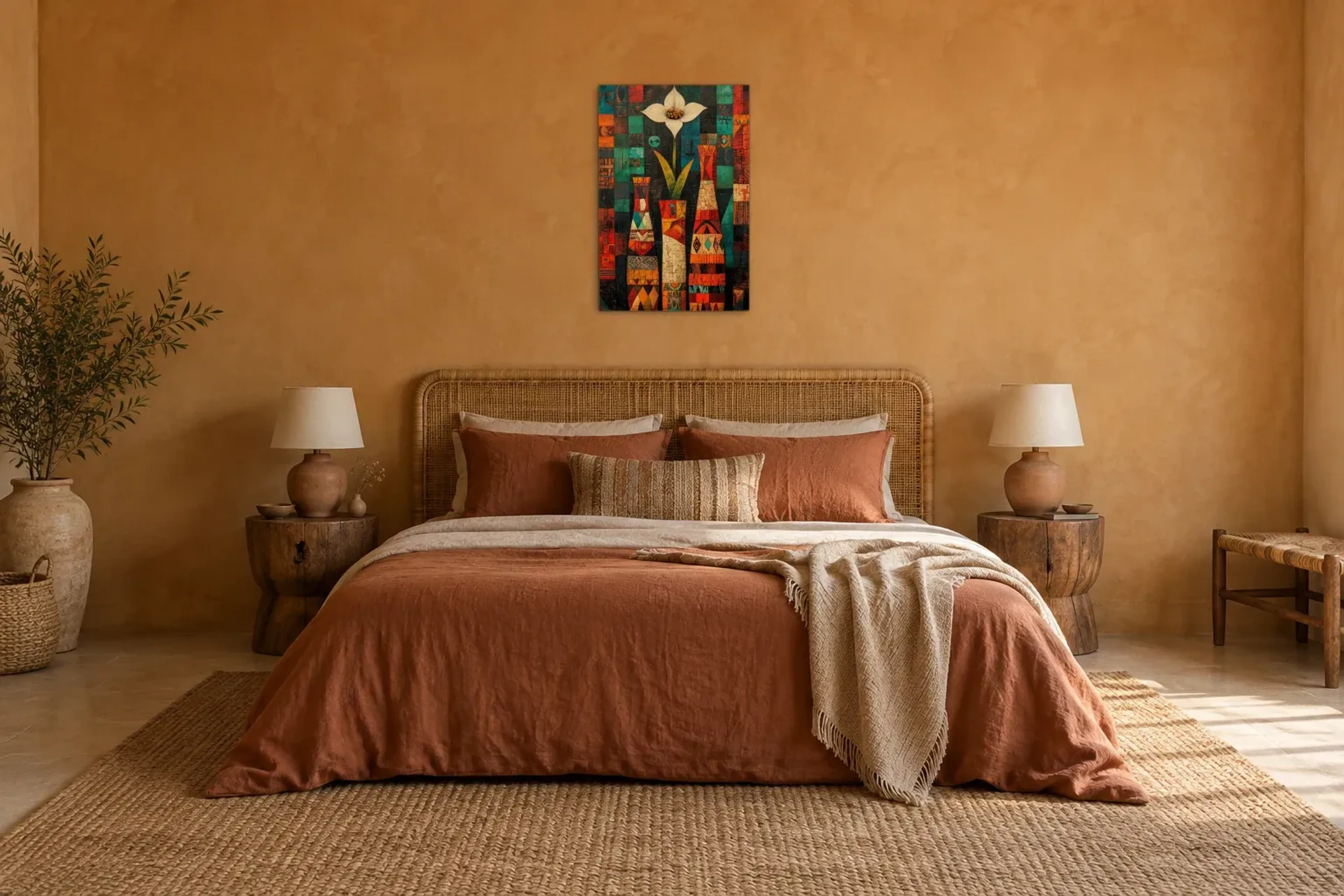 Weiße Blüte zwischen Vasen als Wandbild über einem 180-cm-Bett