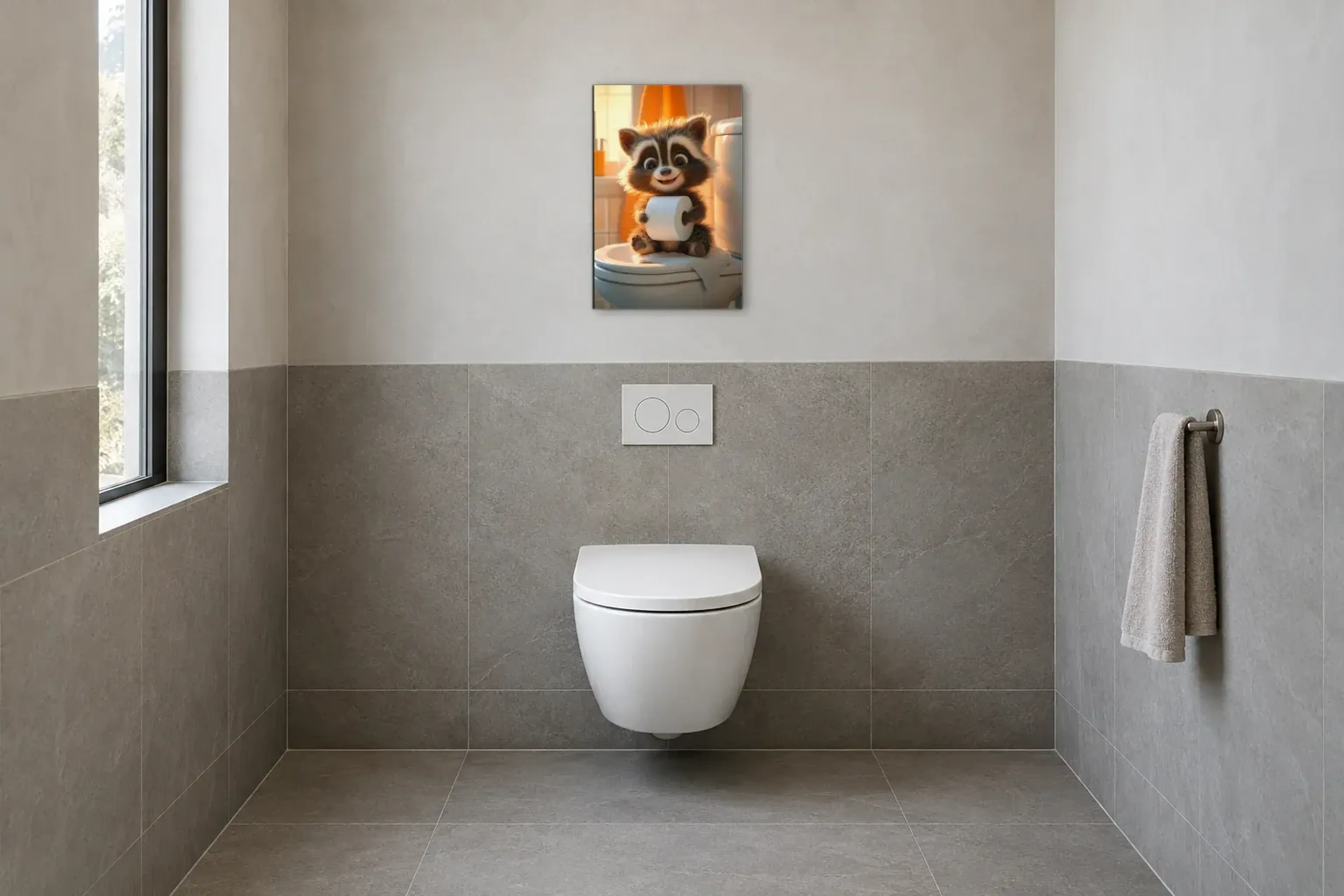 Waschbär im Sonnenlicht als Wandbild im Gäste-WC