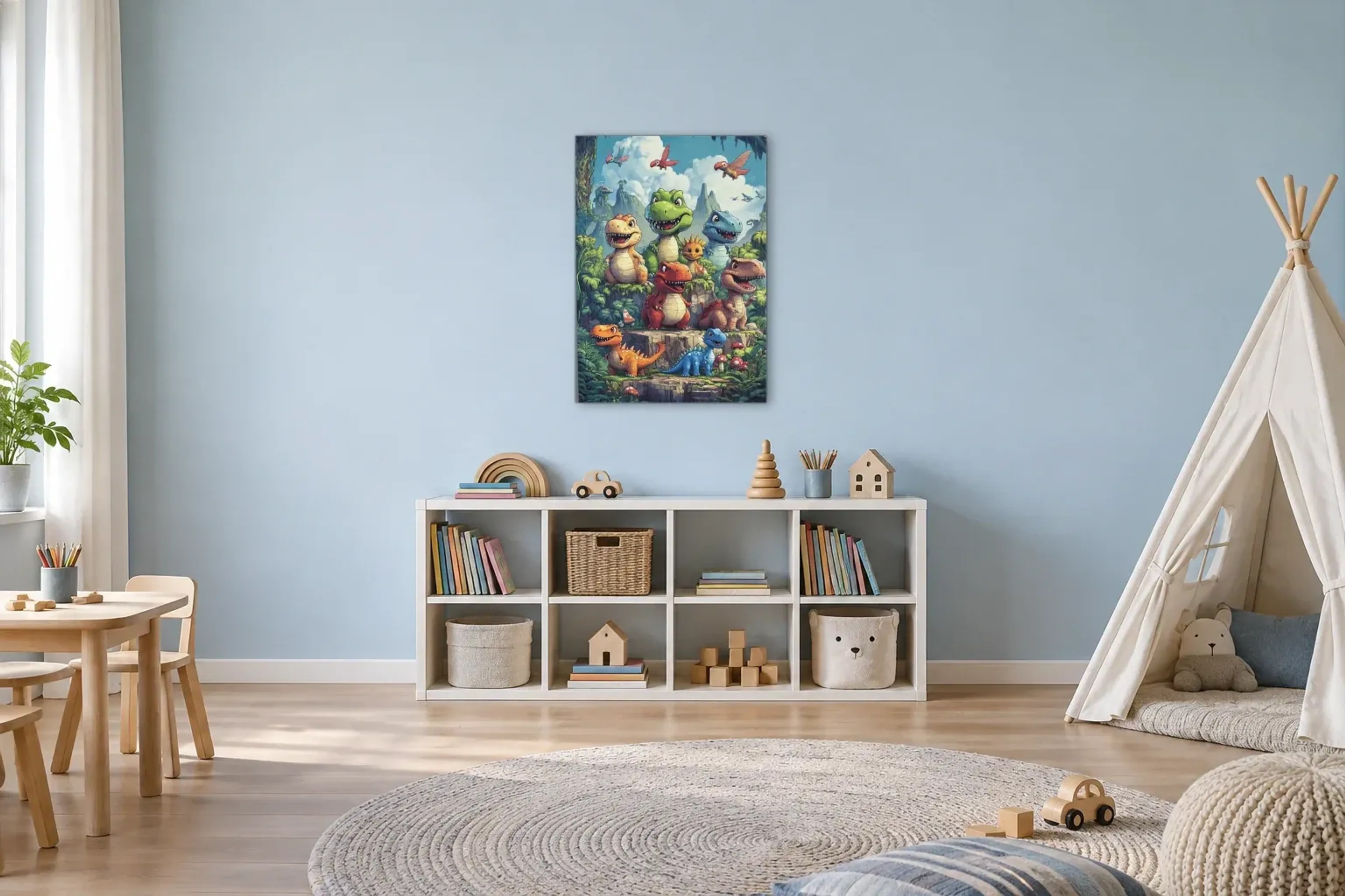 Dinofreunde auf Felsterrassen als Wandbild über einem 120-cm-Spielregal