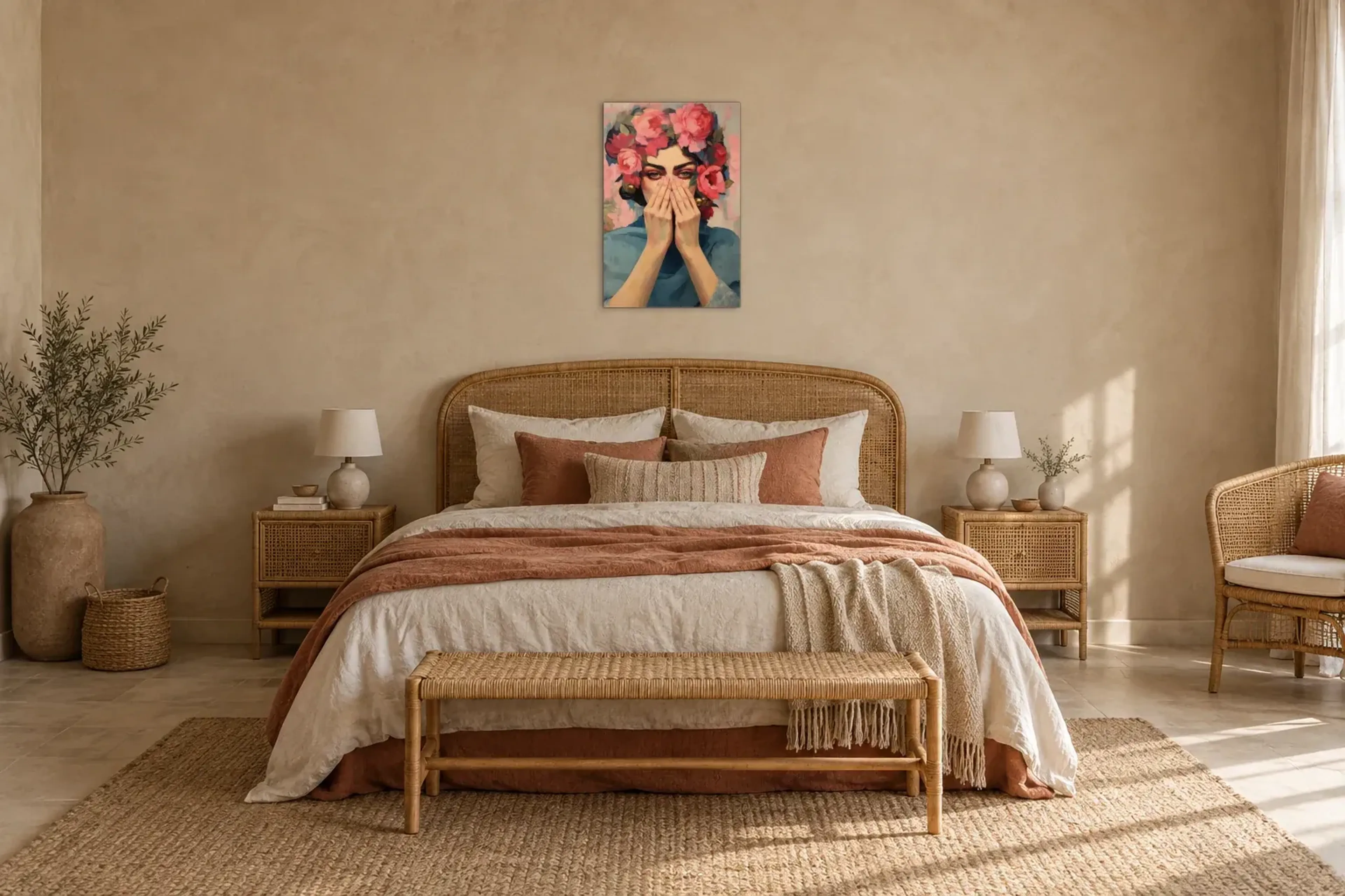 Blick unter rosa Blüten als Wandbild über einem 180-cm-Bett