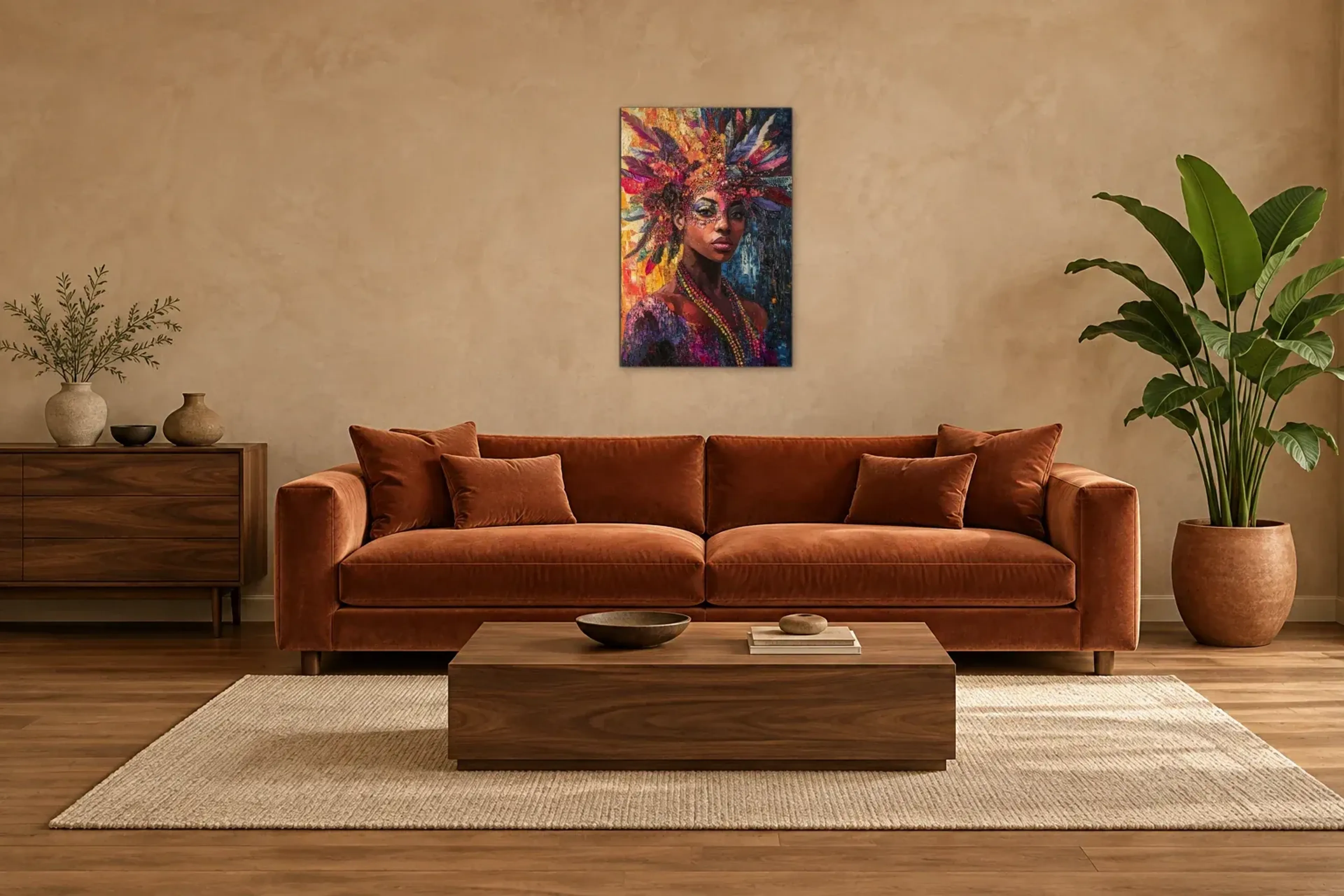 Federschmuck als Wandbild über einem 220-cm-Sofa