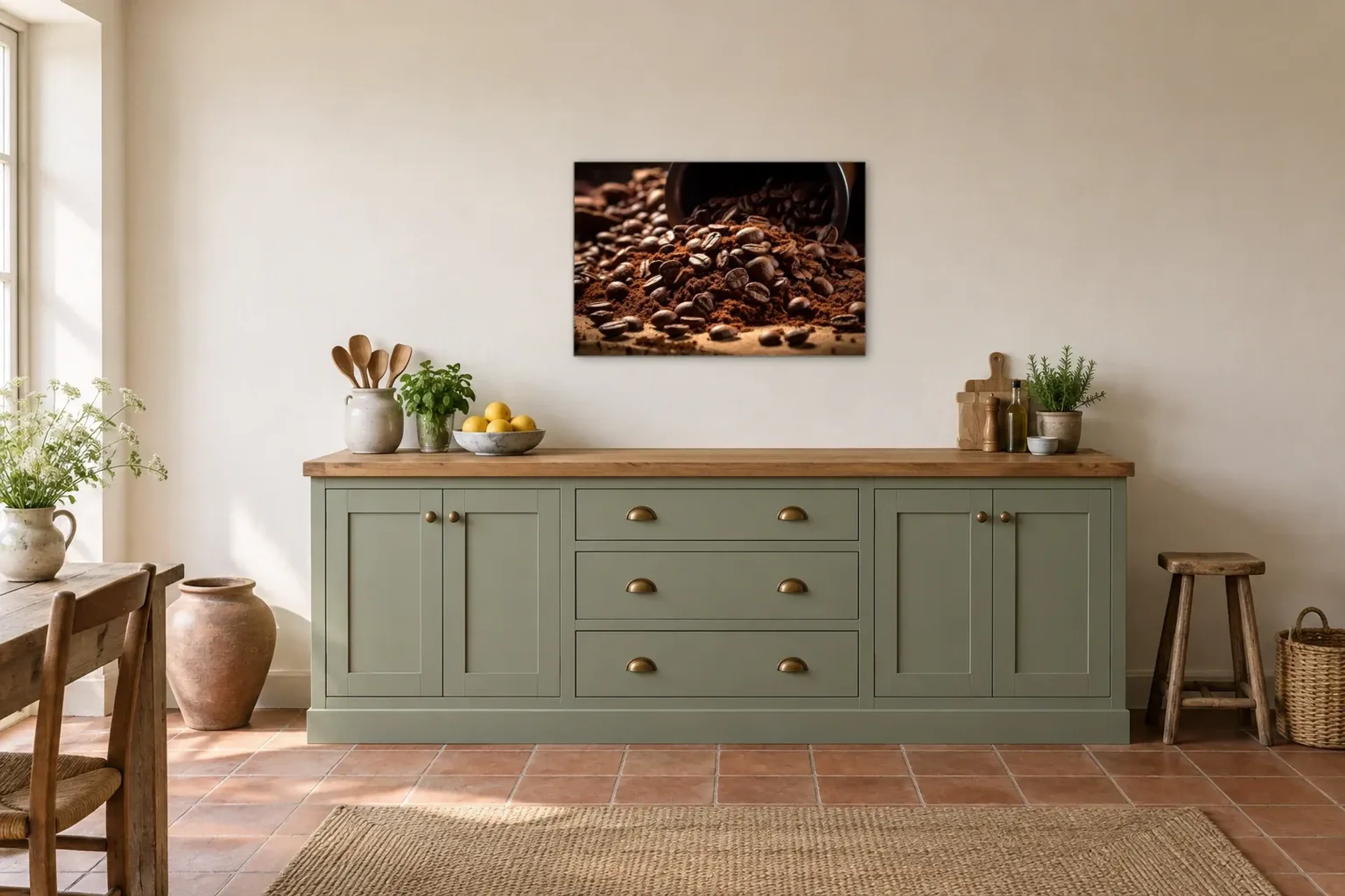 Kaffee aus der Dose als Wandbild über einer 200-cm-Arbeitsplatte