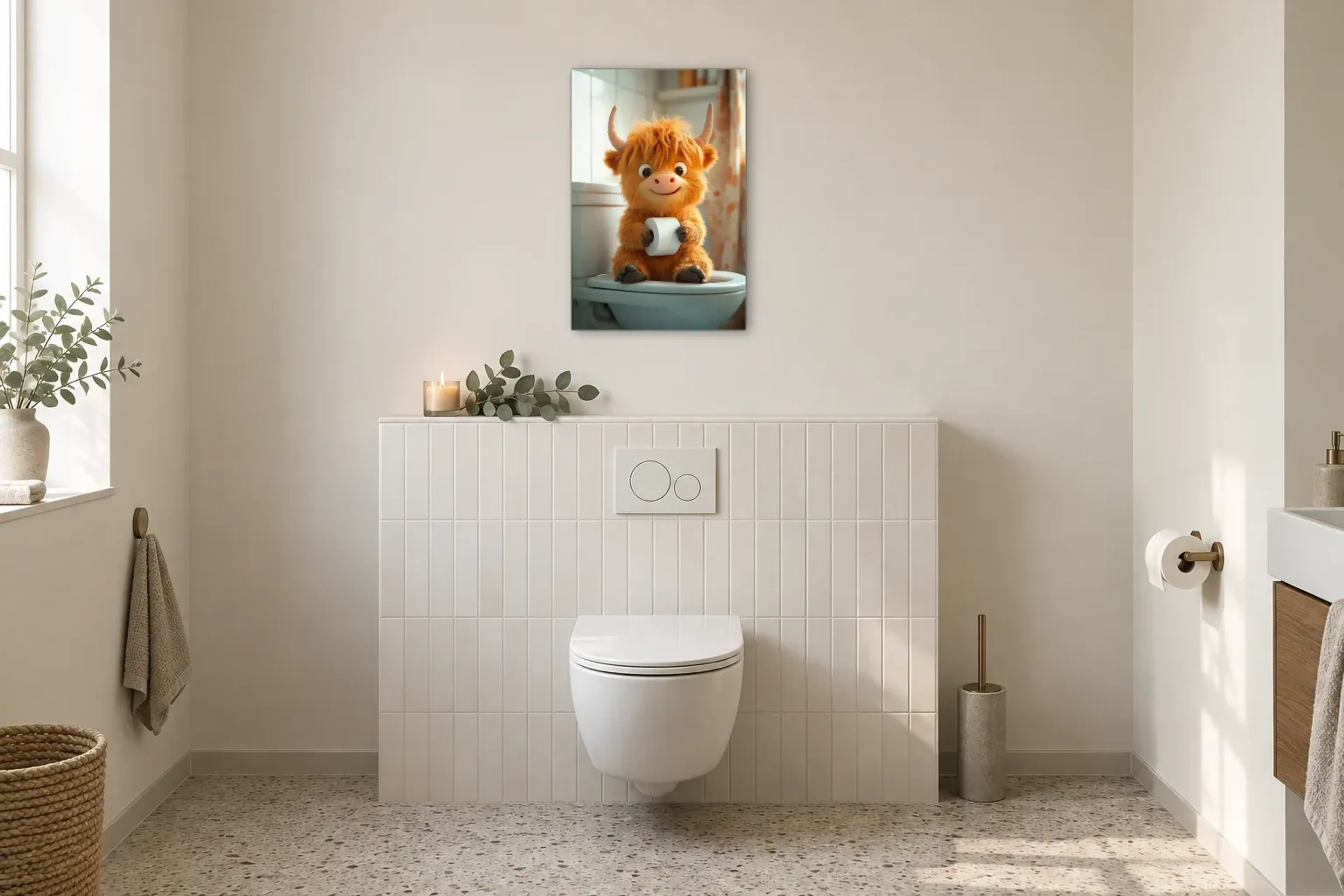 Hochlandrind mit sanftem Lächeln als Wandbild im Gäste-WC