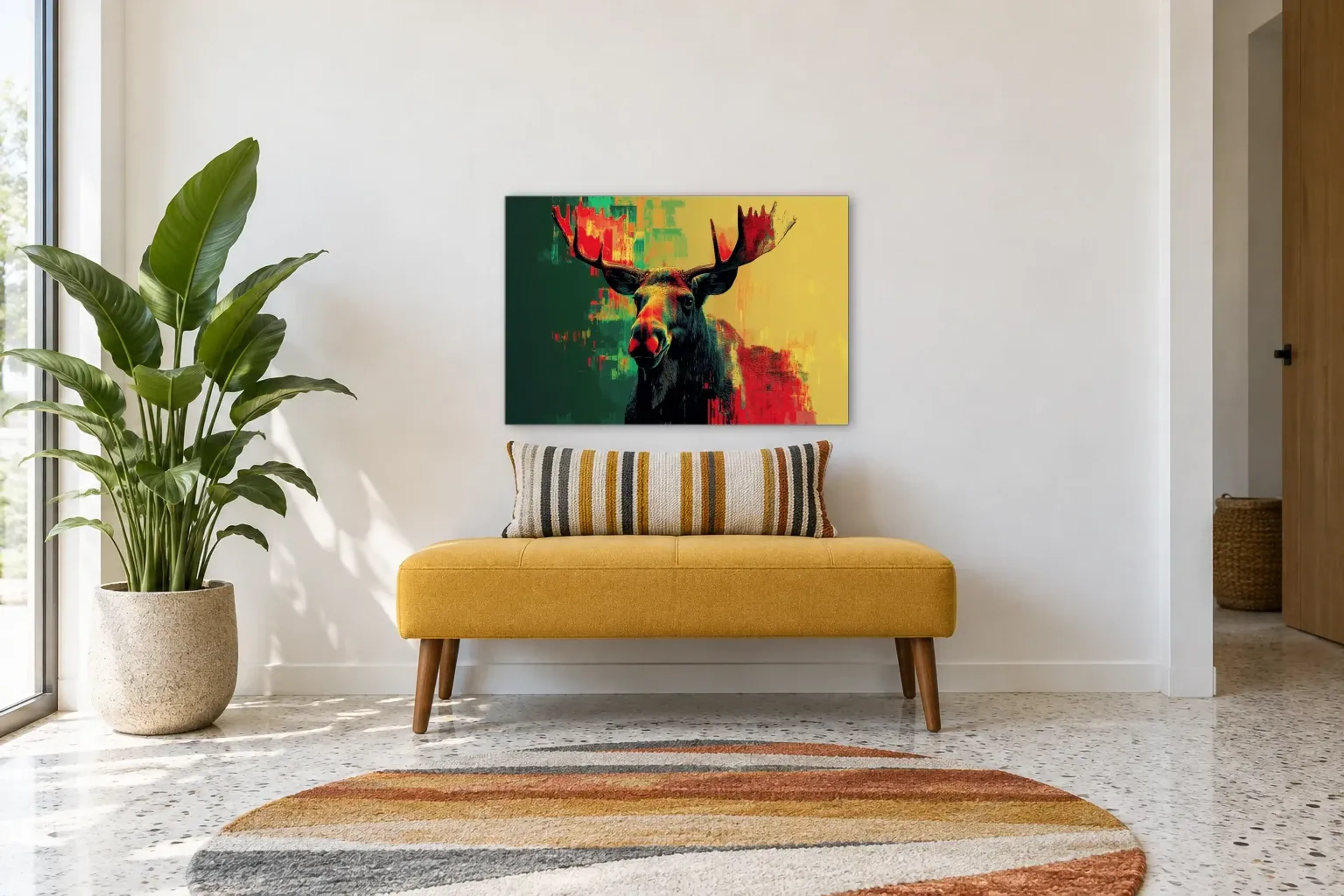 Elch vor Gelb und Grün als Wandbild über einer 120-cm-Bank