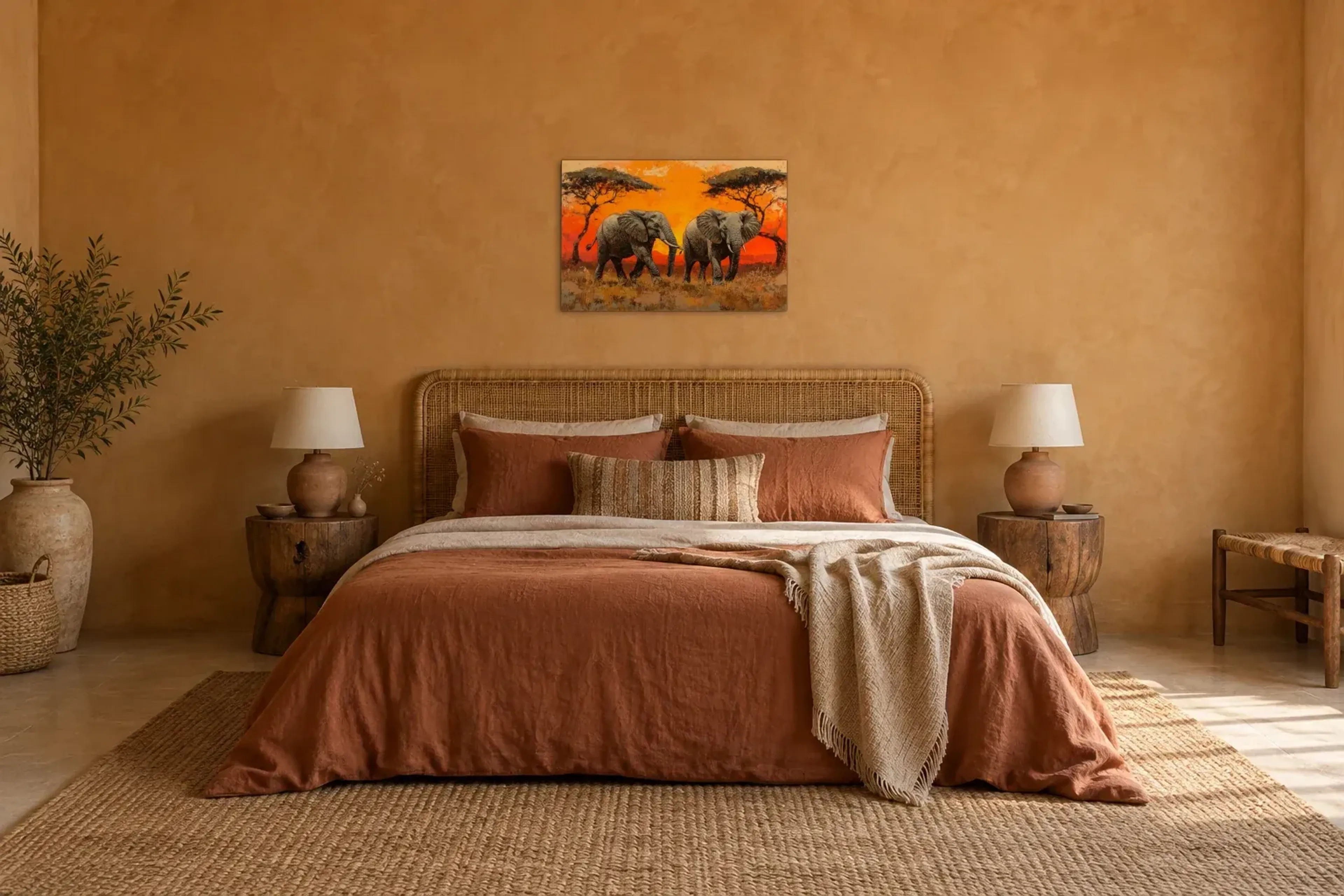 Elefanten zwischen Schirmbäumen als Wandbild über einem 180-cm-Bett