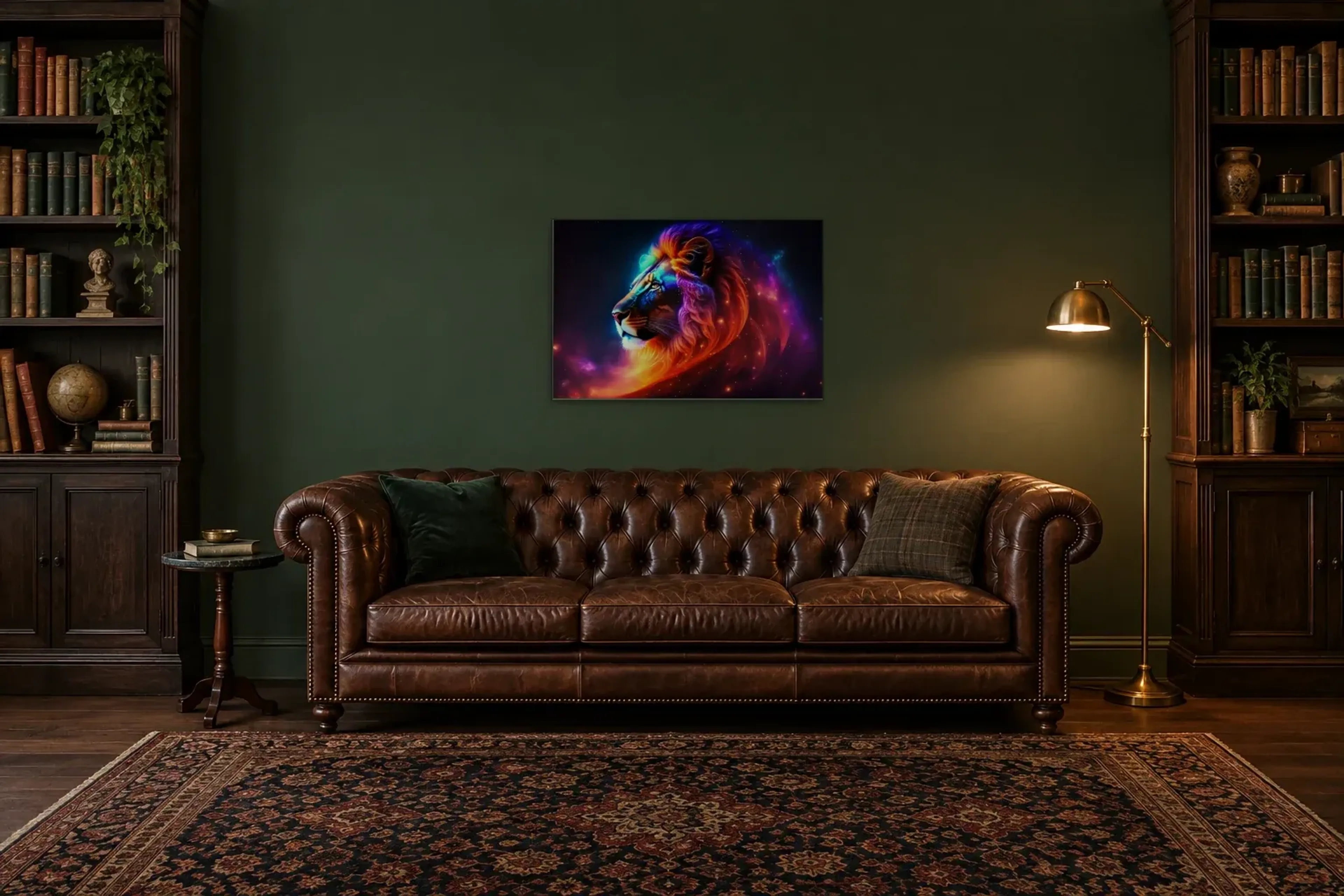Löwe in Neonfarben als Wandbild über einem 200-cm-Chesterfield-Sofa