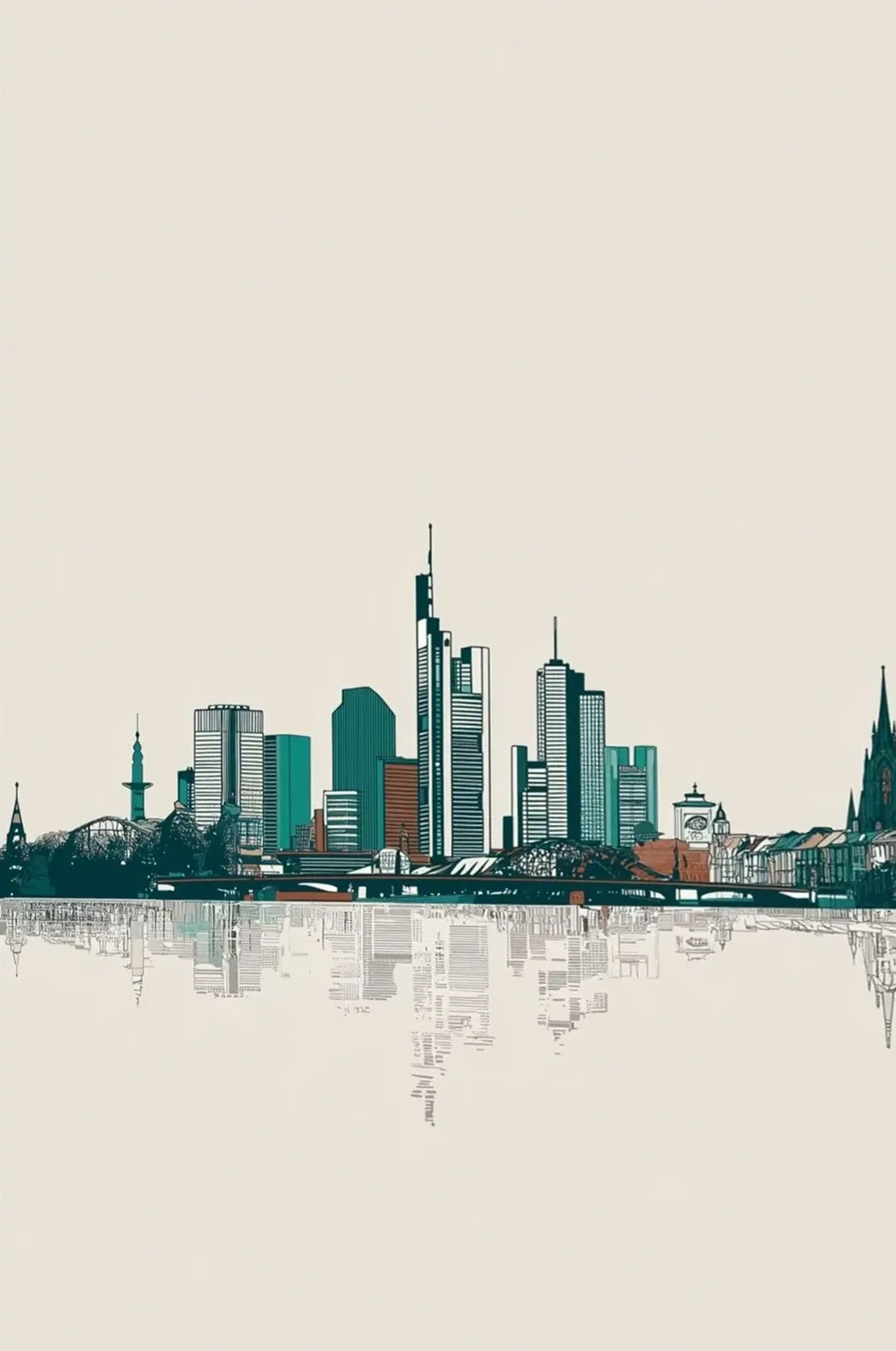 Frankfurter Skyline in Petrol mit rostroten Akzenten und zarter Spiegelung auf cremefarbenem Grund.