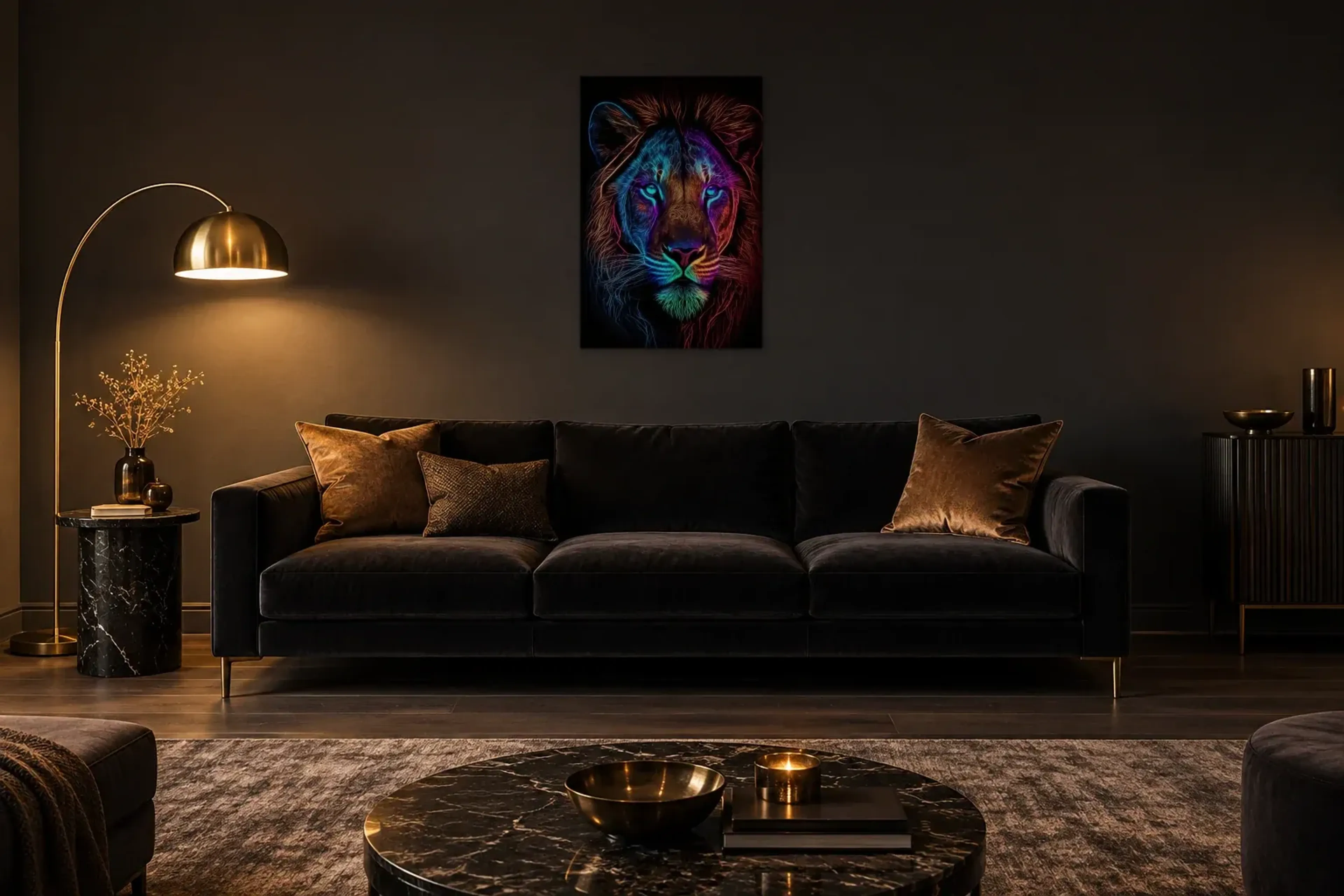 Löwe aus Lichtlinien als Wandbild über einem 220-cm-Sofa