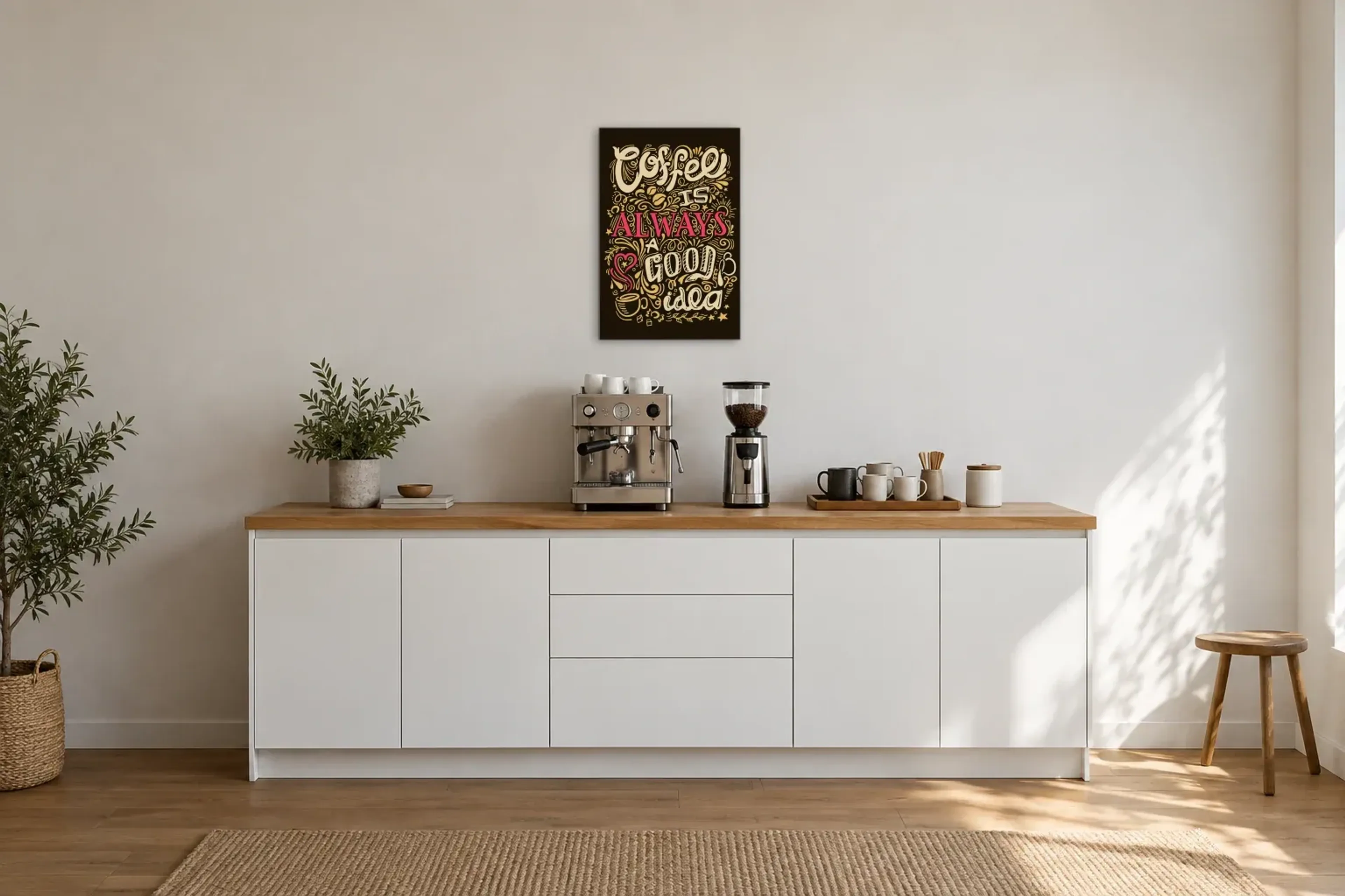 Kaffee als gute Idee als Wandbild über einer 200-cm-Arbeitsplatte