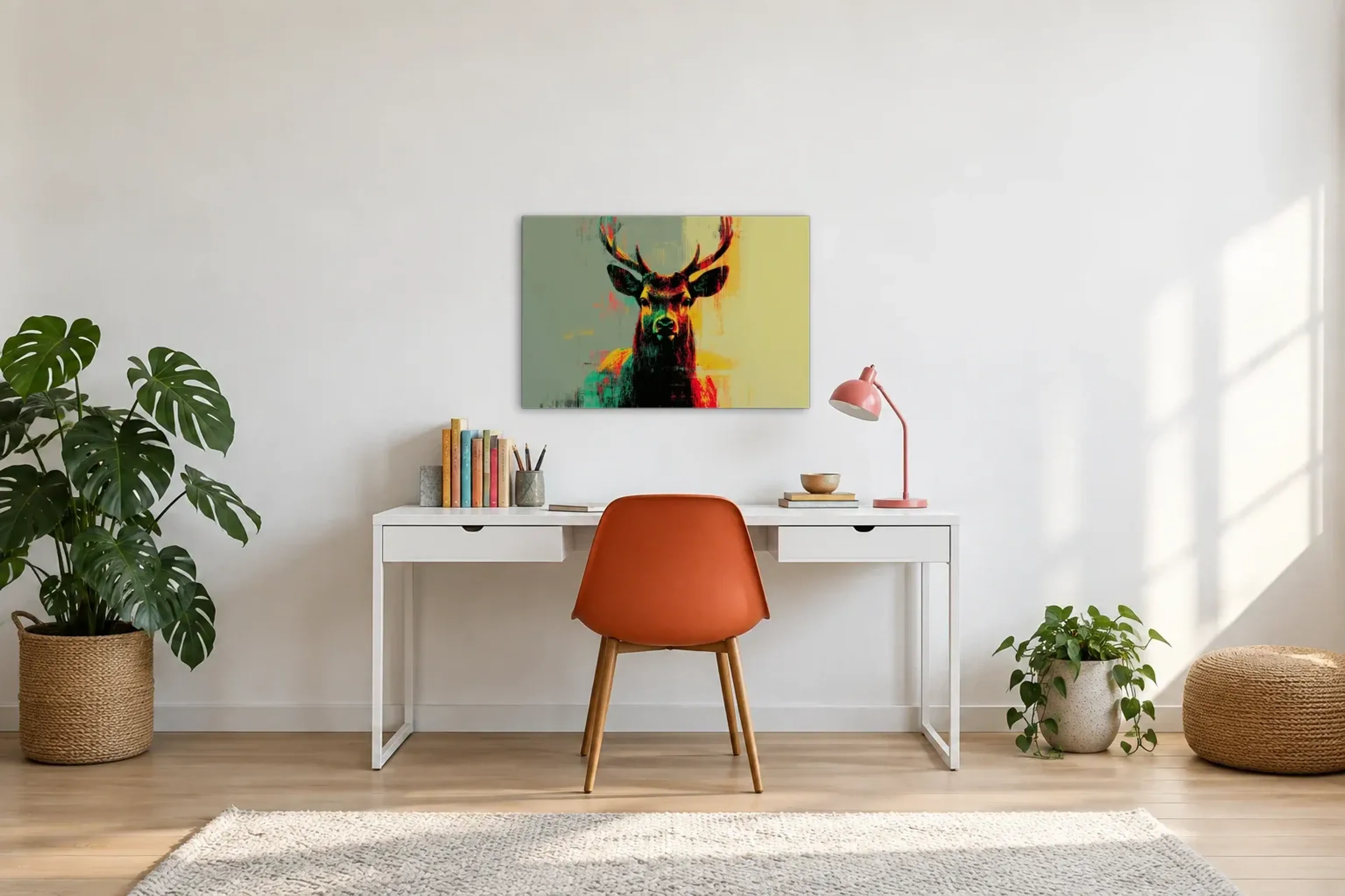 Hirsch in Türkisgelb als Wandbild über einem 140-cm-Schreibtisch