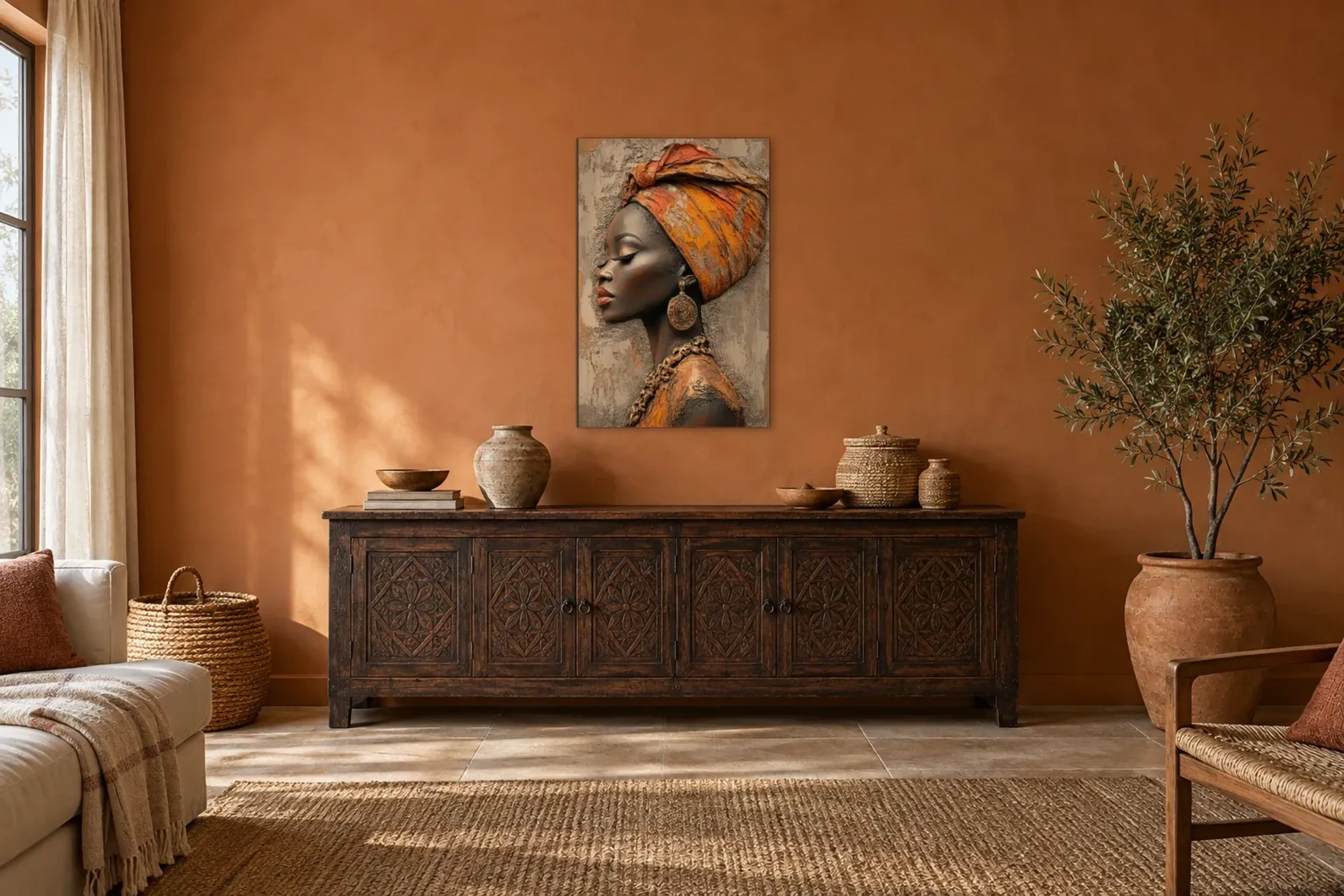 Porträt mit ockerfarbenem Kopftuch als Wandbild über einem 180-cm-Sideboard