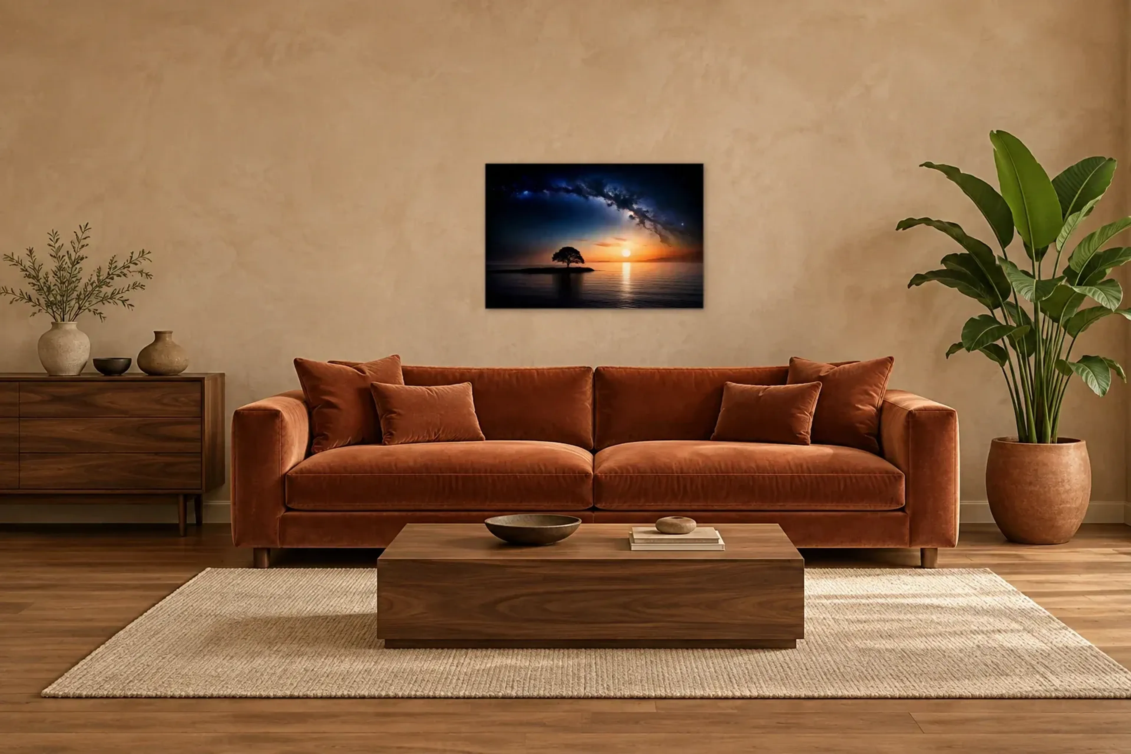 Baum im See als Wandbild über einem 220-cm-Sofa