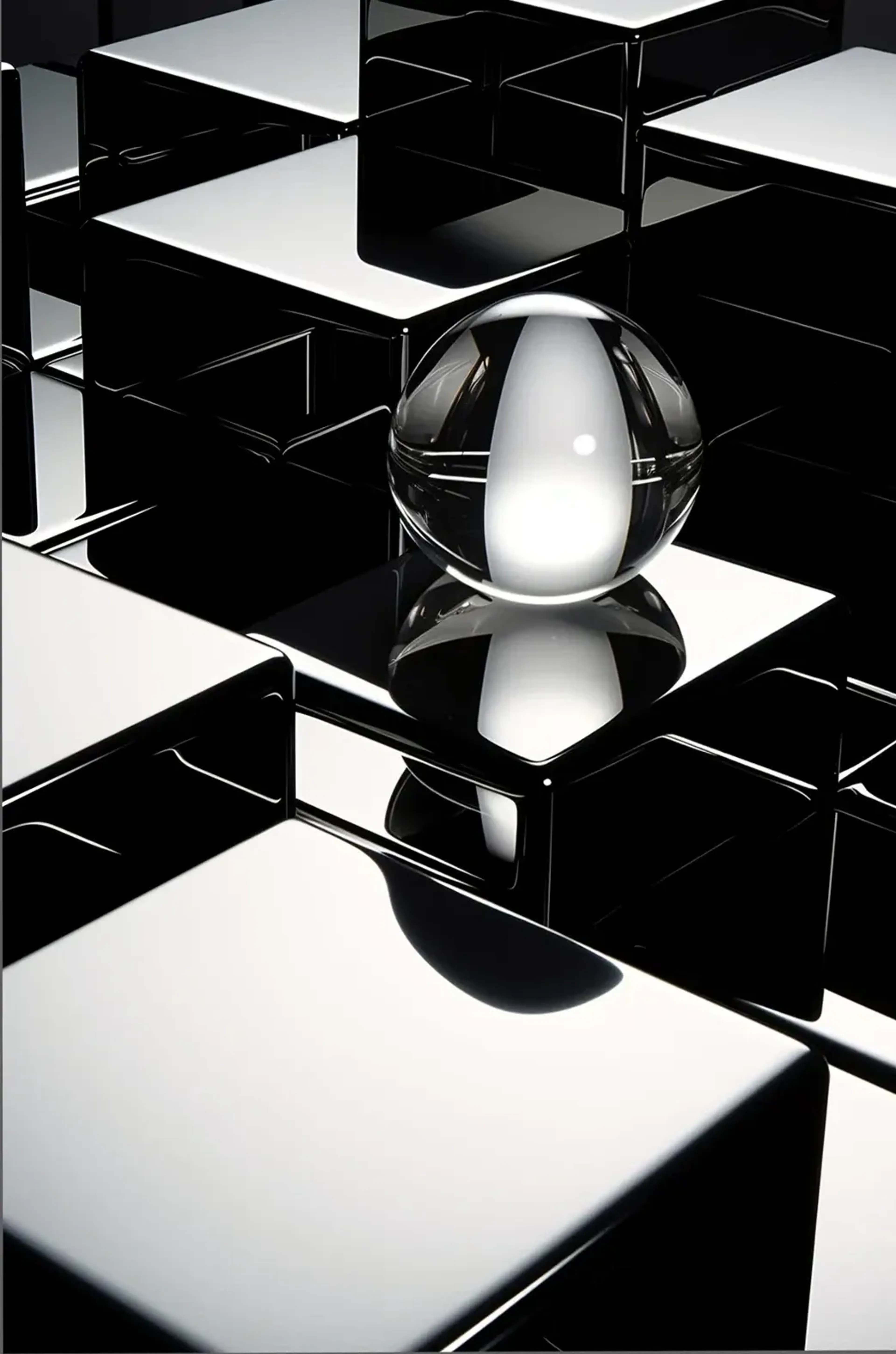 Durchsichtige Kugel auf spiegelnden Quadern mit weißen Lichtflächen und tiefschwarzen Schatten.