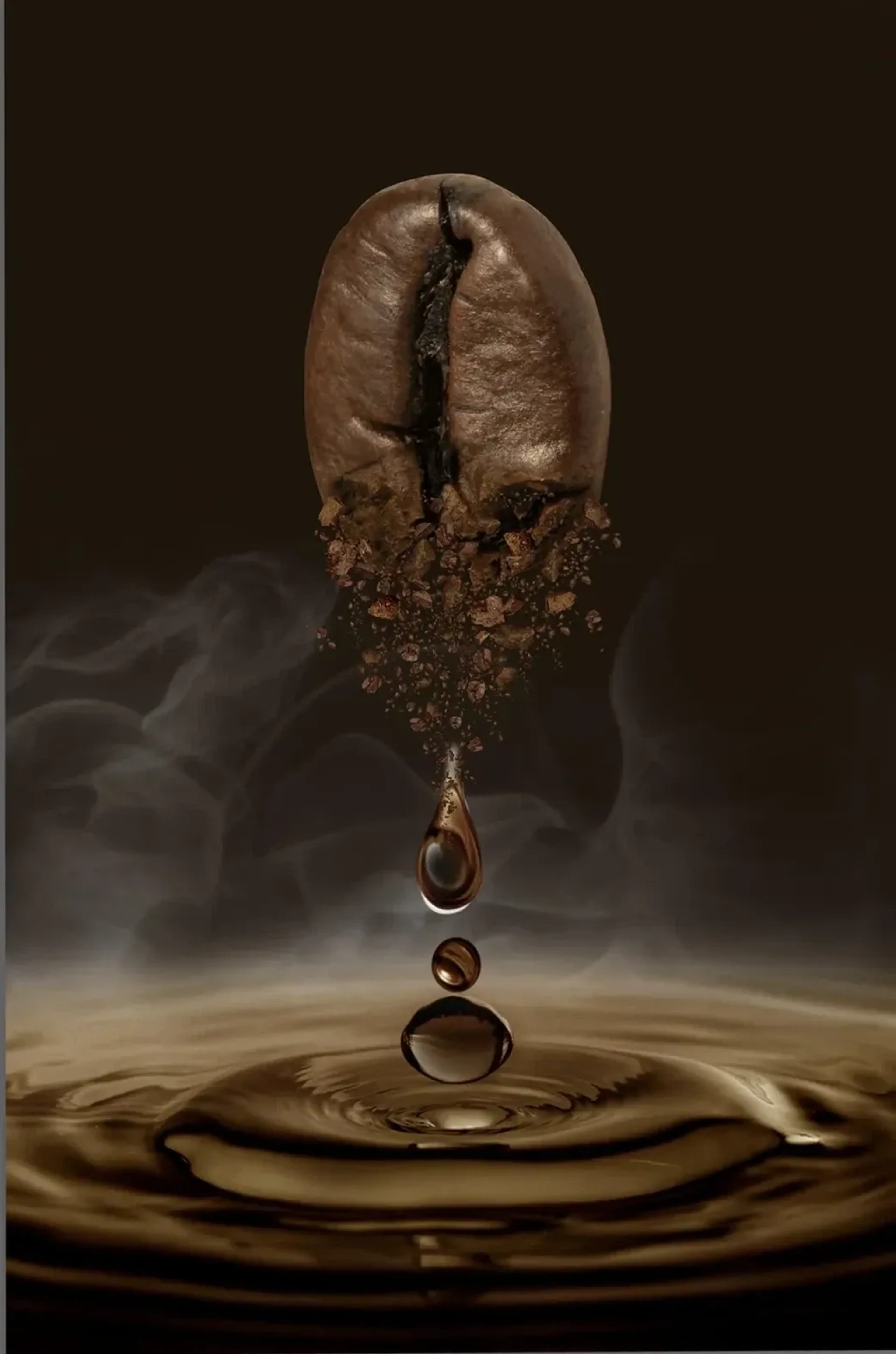 Schwebende Kaffeebohne über braunen Partikeln und Tropfen, darunter eine dunkle Flüssigkeit mit Ringwellen.