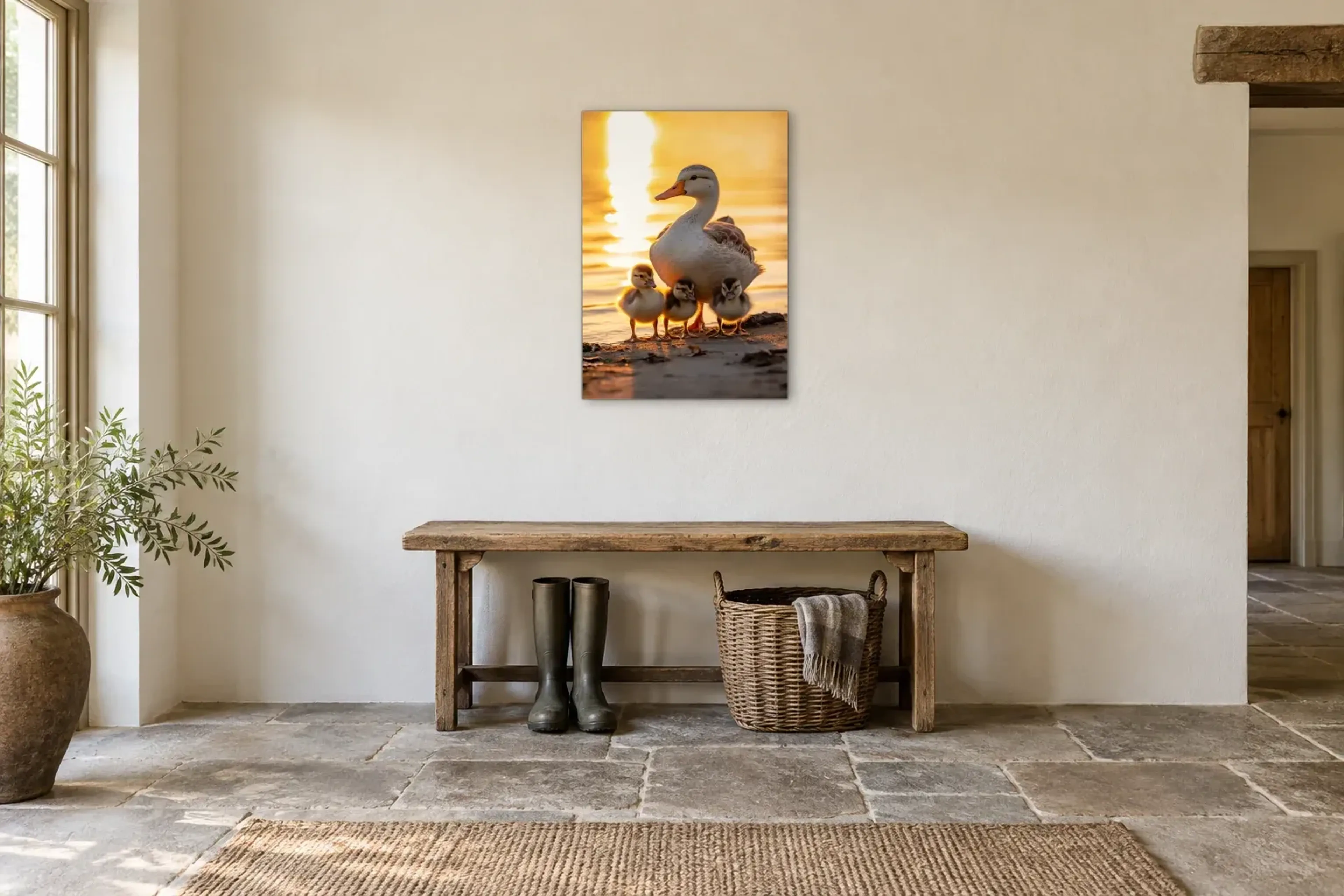 Entenfamilie im Abendlicht als Wandbild über einer 120-cm-Bank