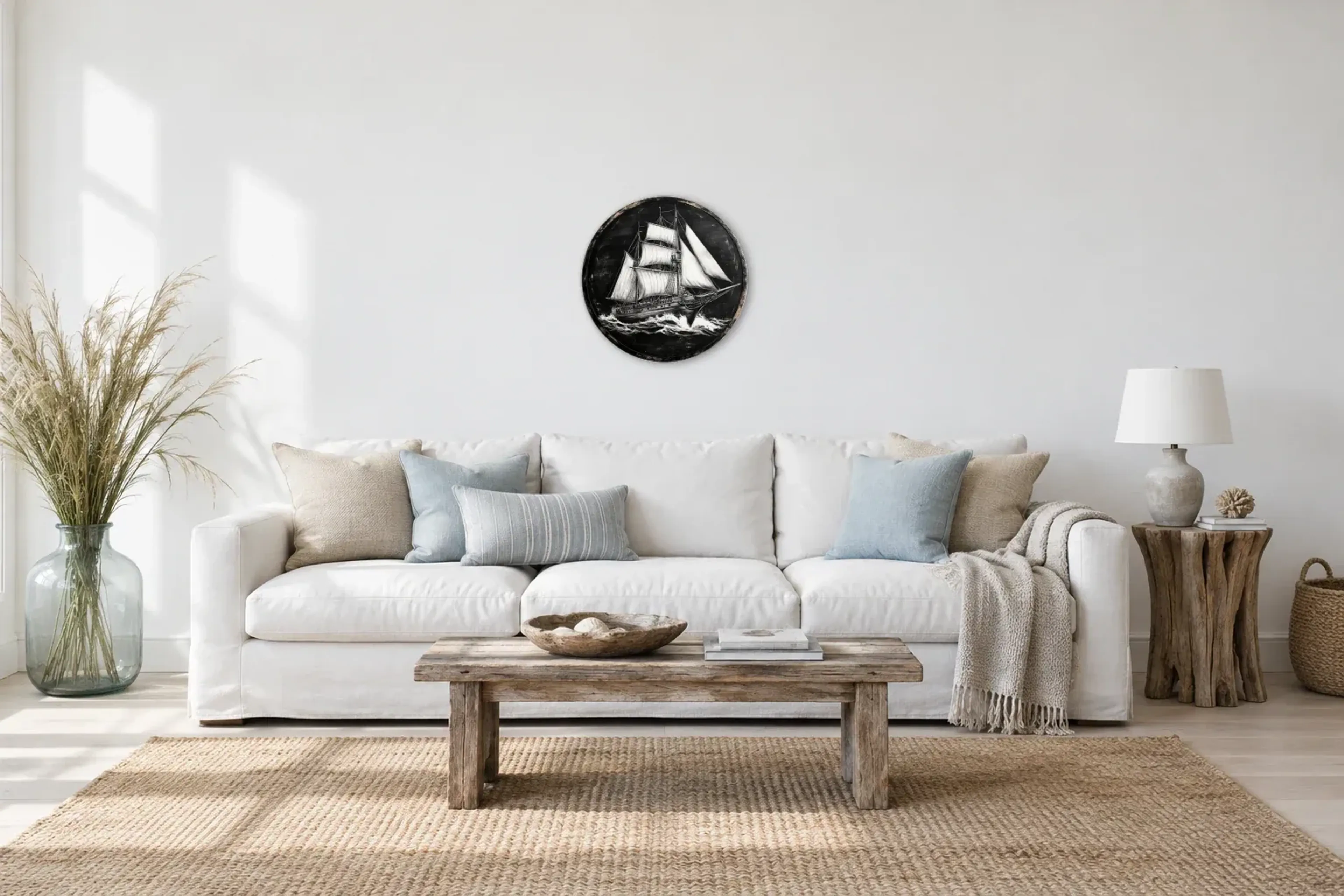 Segelschiff als Wandbild über einem 220-cm-Sofa