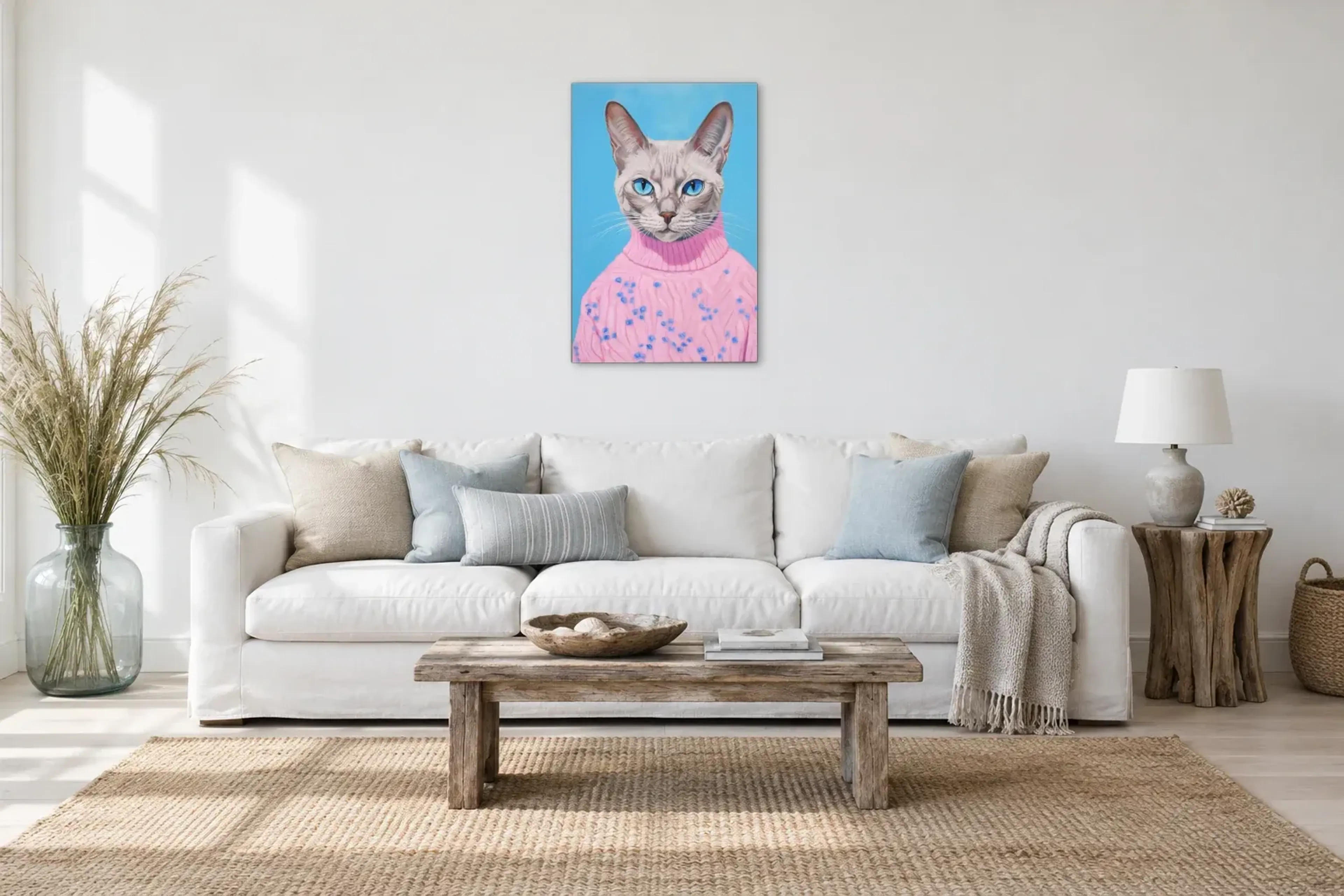Katze im rosa Pullover als Wandbild über einem 220-cm-Sofa