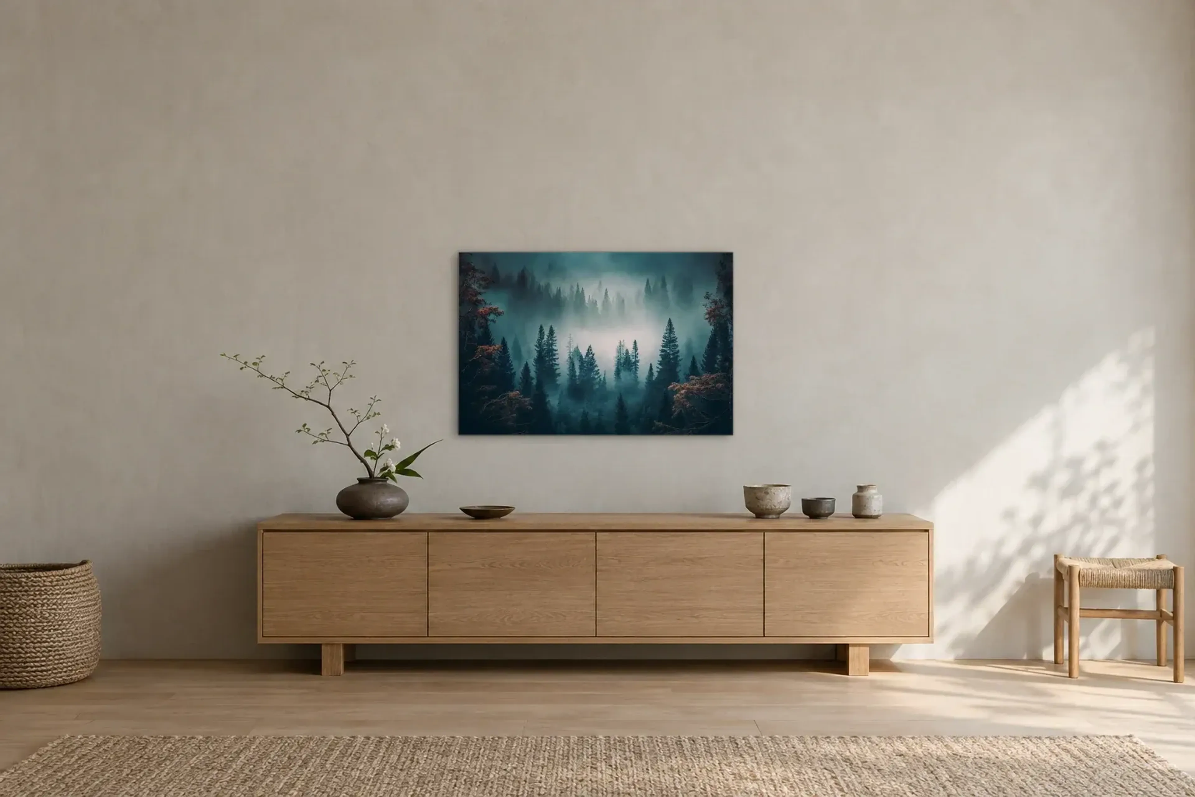 Nadelwald im Nebel als Wandbild über einem 180-cm-Sideboard