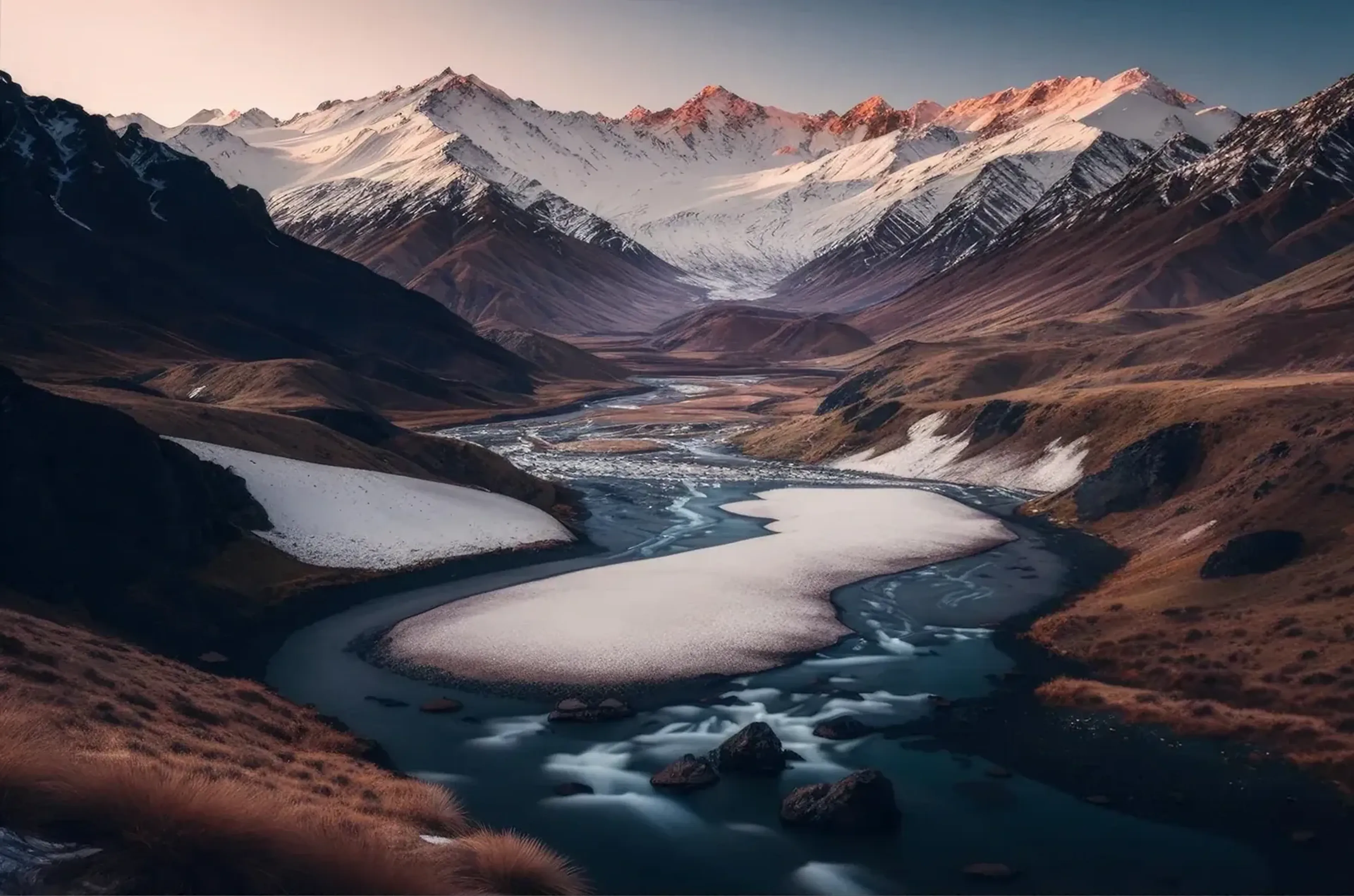 Ein gewundener Fluss zieht durch ein braunes, teils verschneites Tal vor schneebedeckten Gipfeln im rosa Licht.