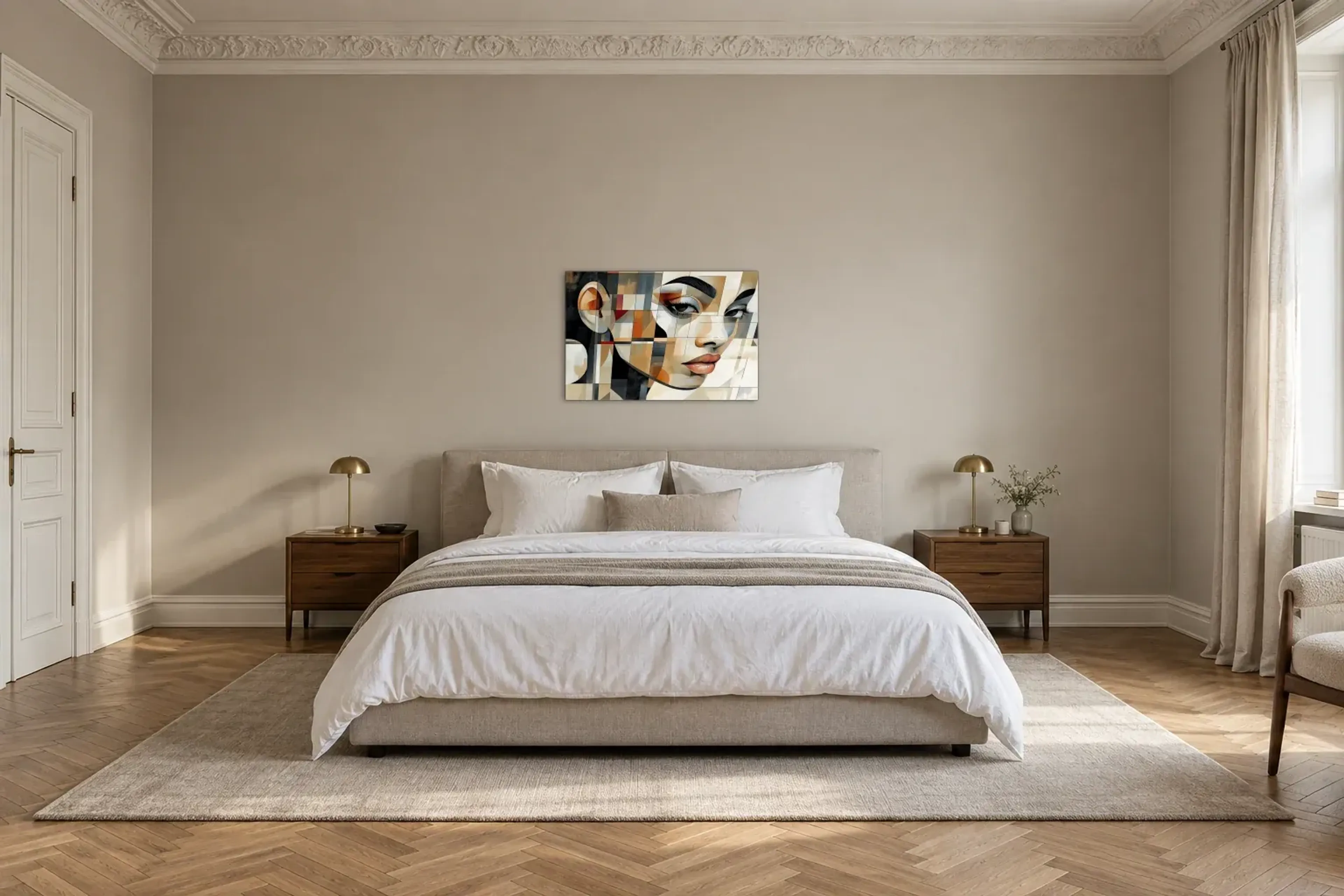 Porträt in Farbflächen als Wandbild über einem 180-cm-Bett