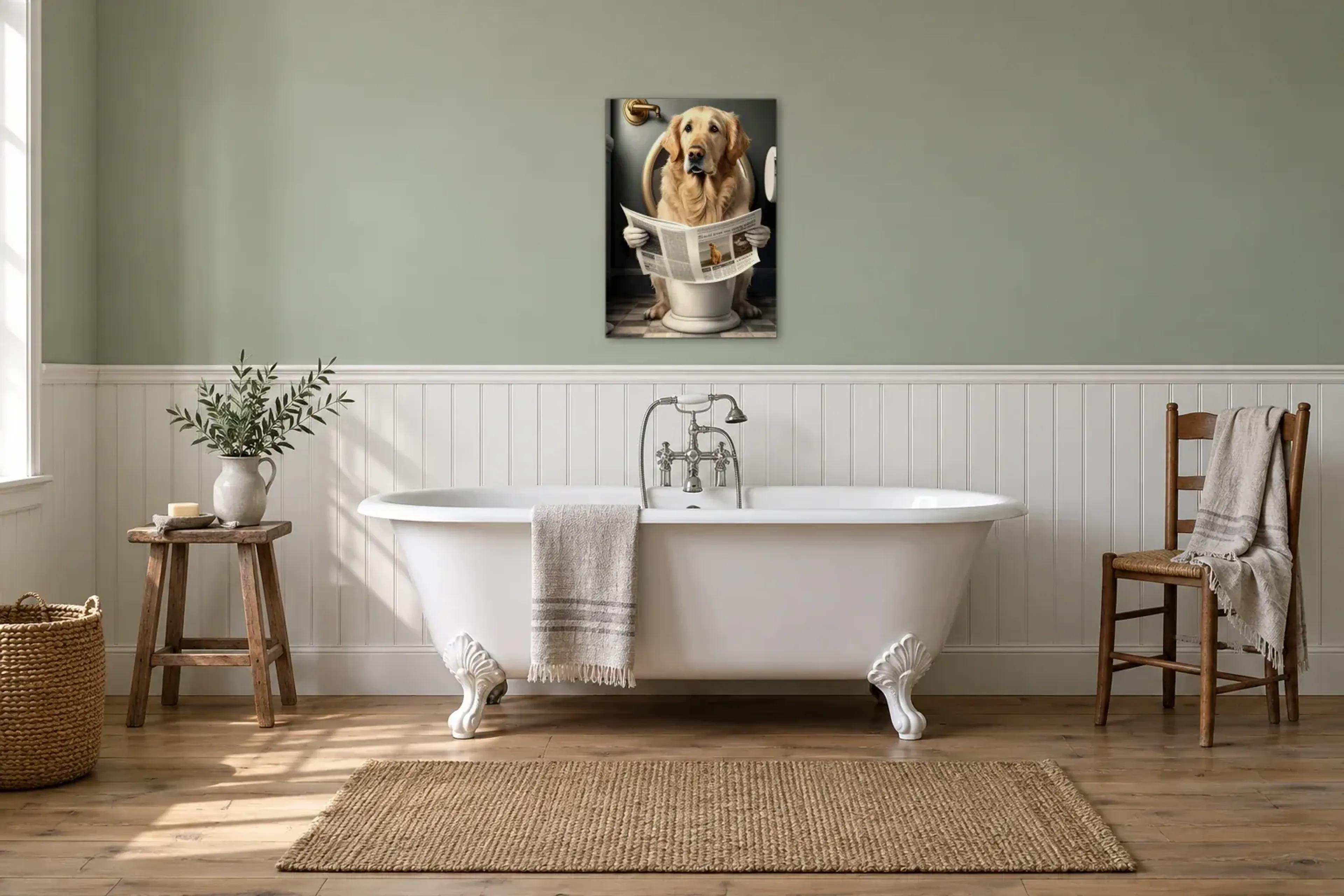 Retriever mit Zeitung als Wandbild über einer 170-cm-Badewanne