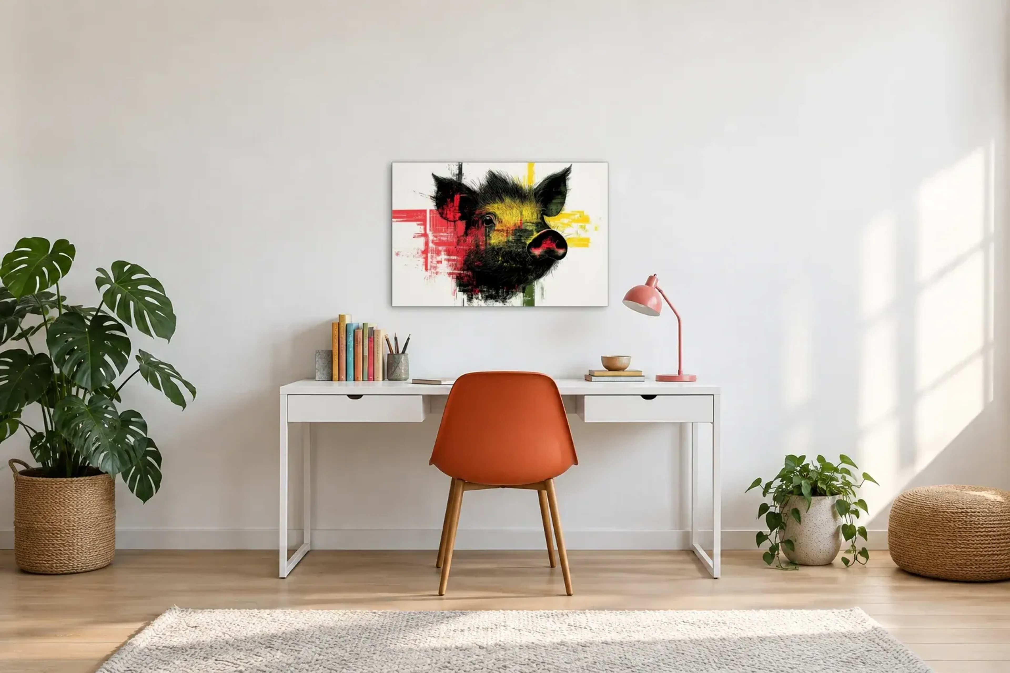 Wildschwein auf hellem Grund als Wandbild über einem 140-cm-Schreibtisch