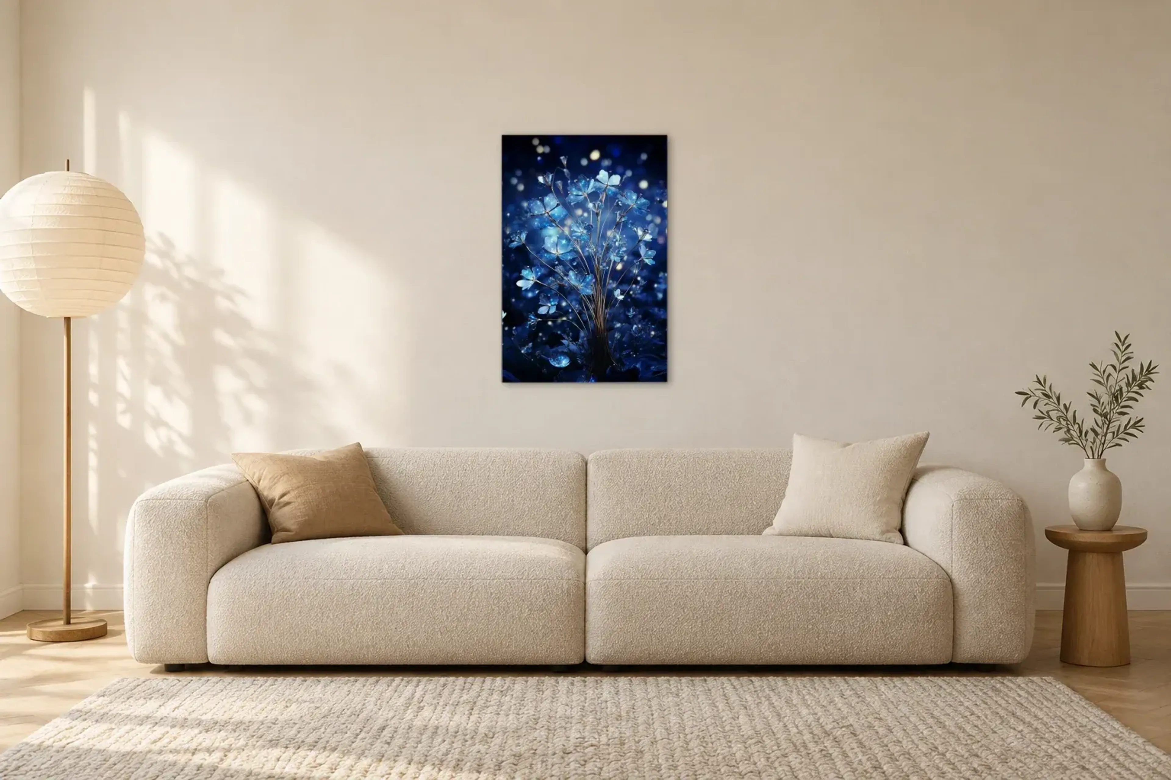 Blaue Lichtblüten als Wandbild über einem 230-cm-Sofa