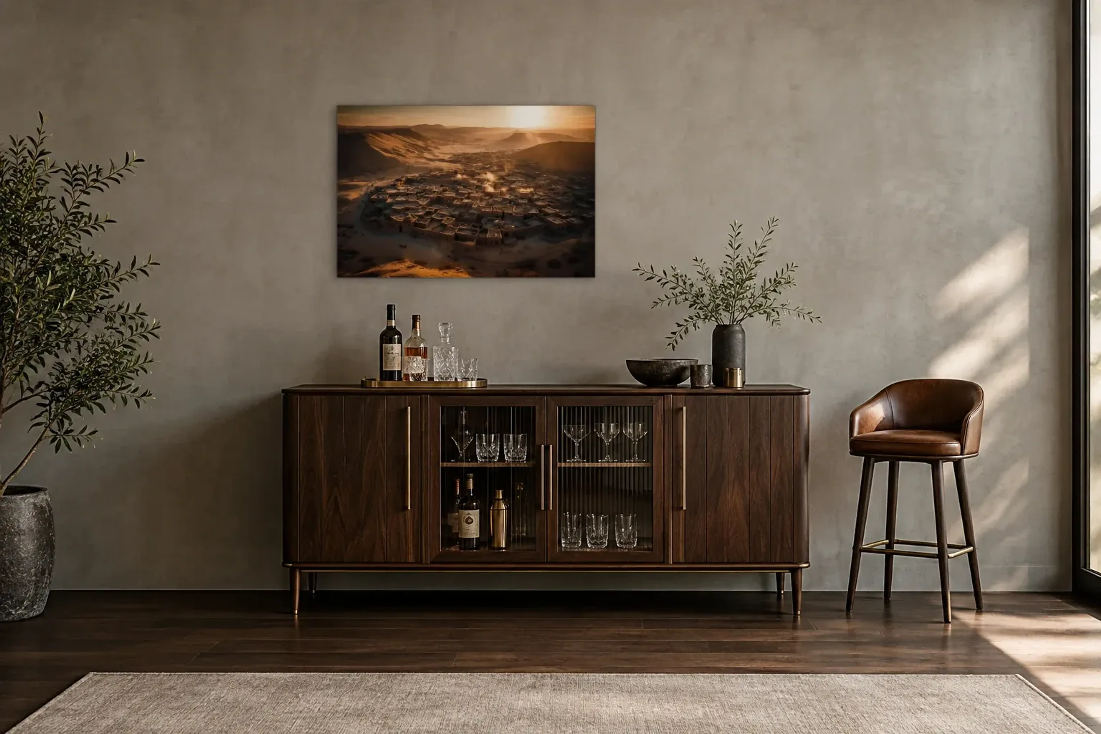 Stadt in der Wüste als Wandbild über einem 150-cm-Barschrank