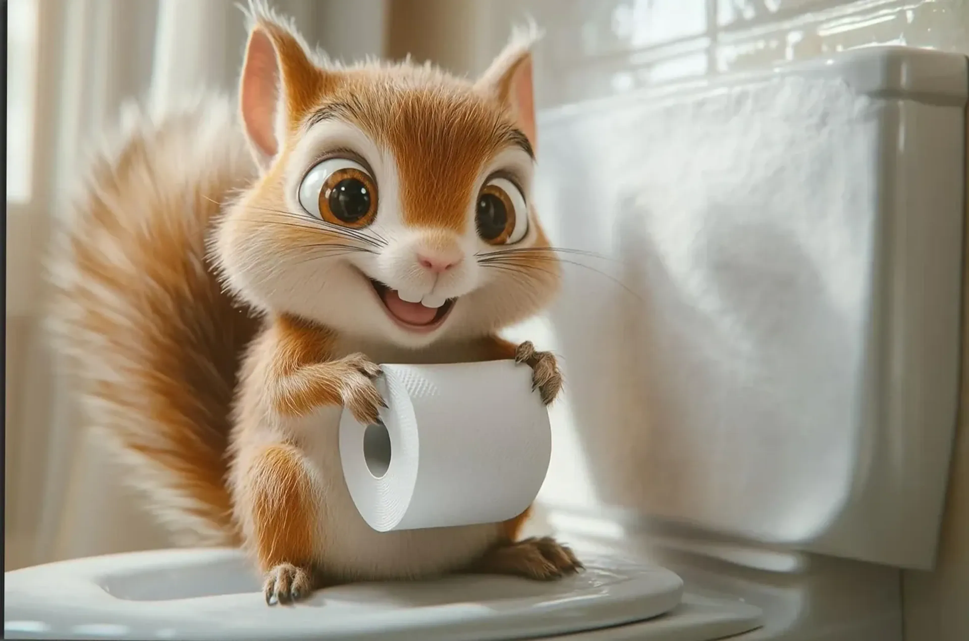 Eichhörnchen im hellen Bad – Motiv als Wandbild auf Holz