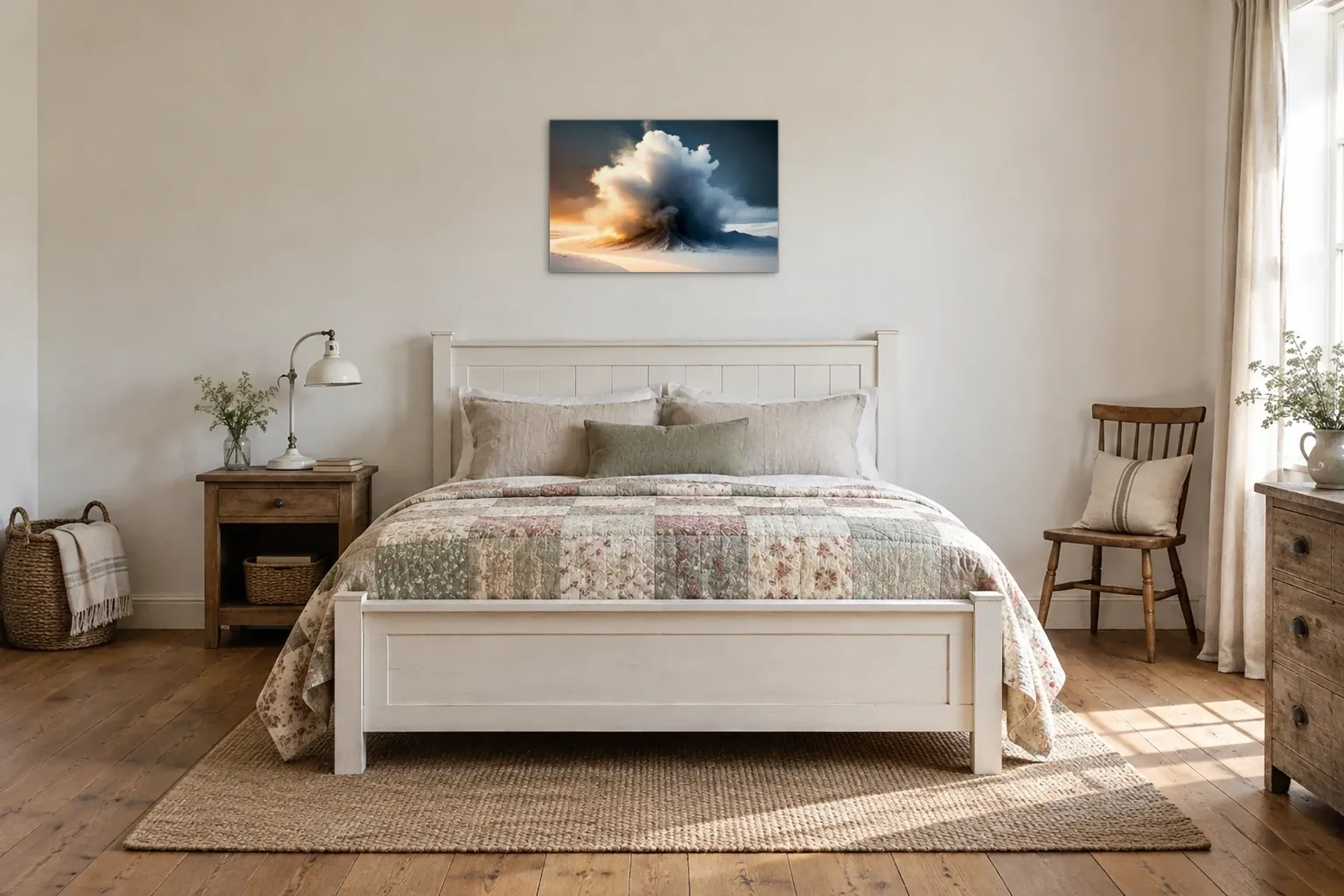 Wolke im Gegenlicht als Wandbild über einem 160-cm-Bett