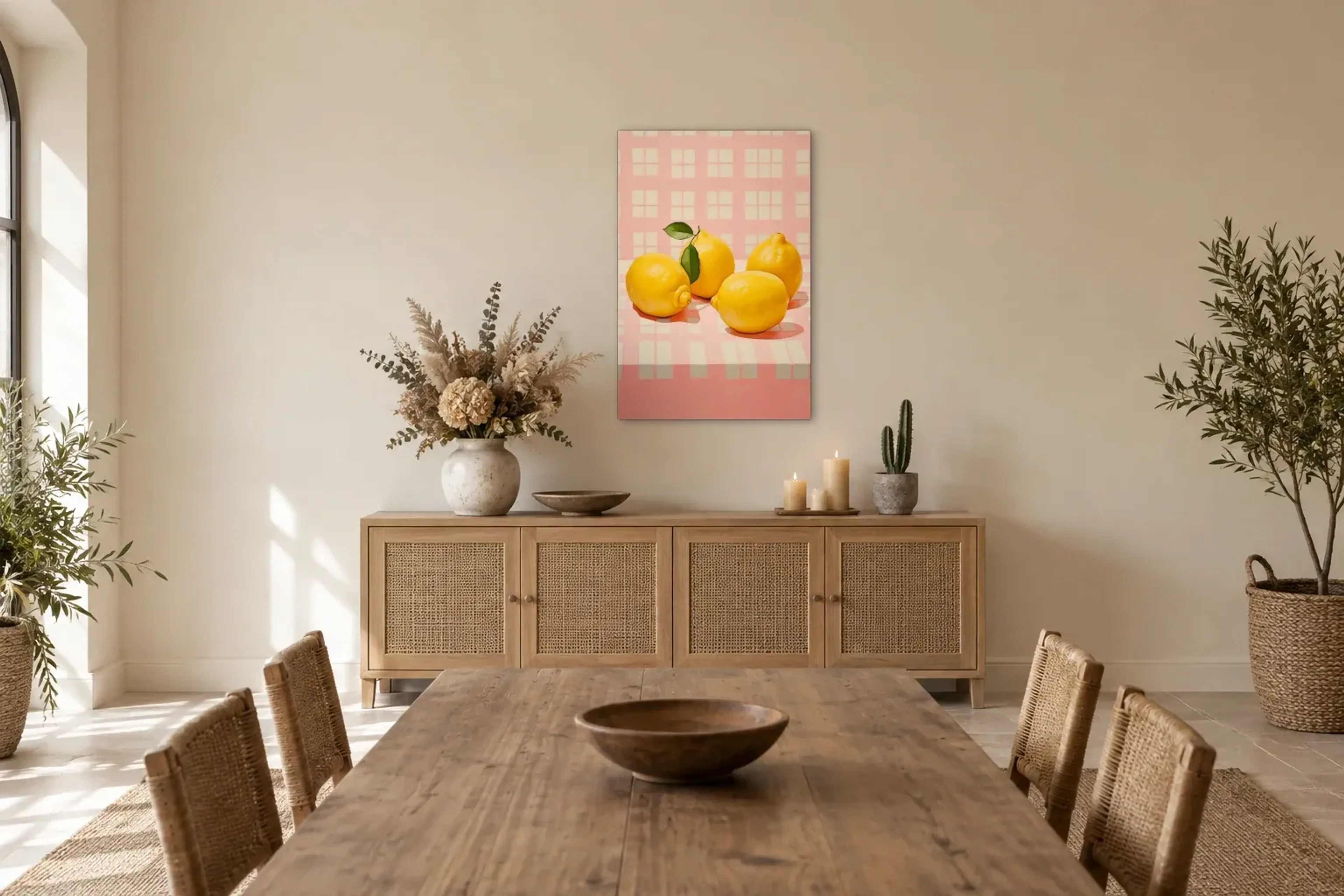 Zitronen auf Rosa als Wandbild über einem 160-cm-Sideboard
