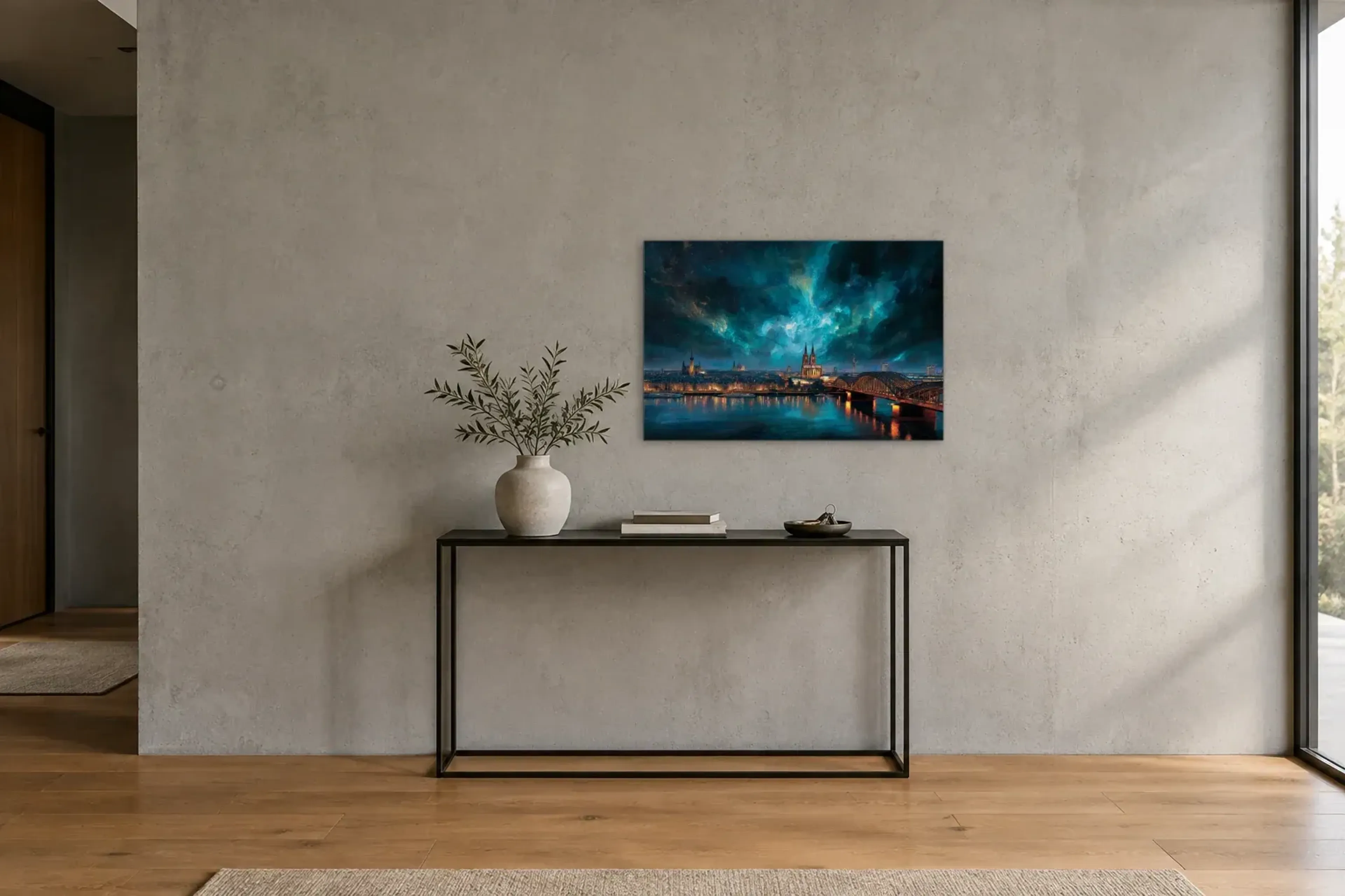 Wolkenwirbel über Köln als Wandbild über einer 120-cm-Konsole