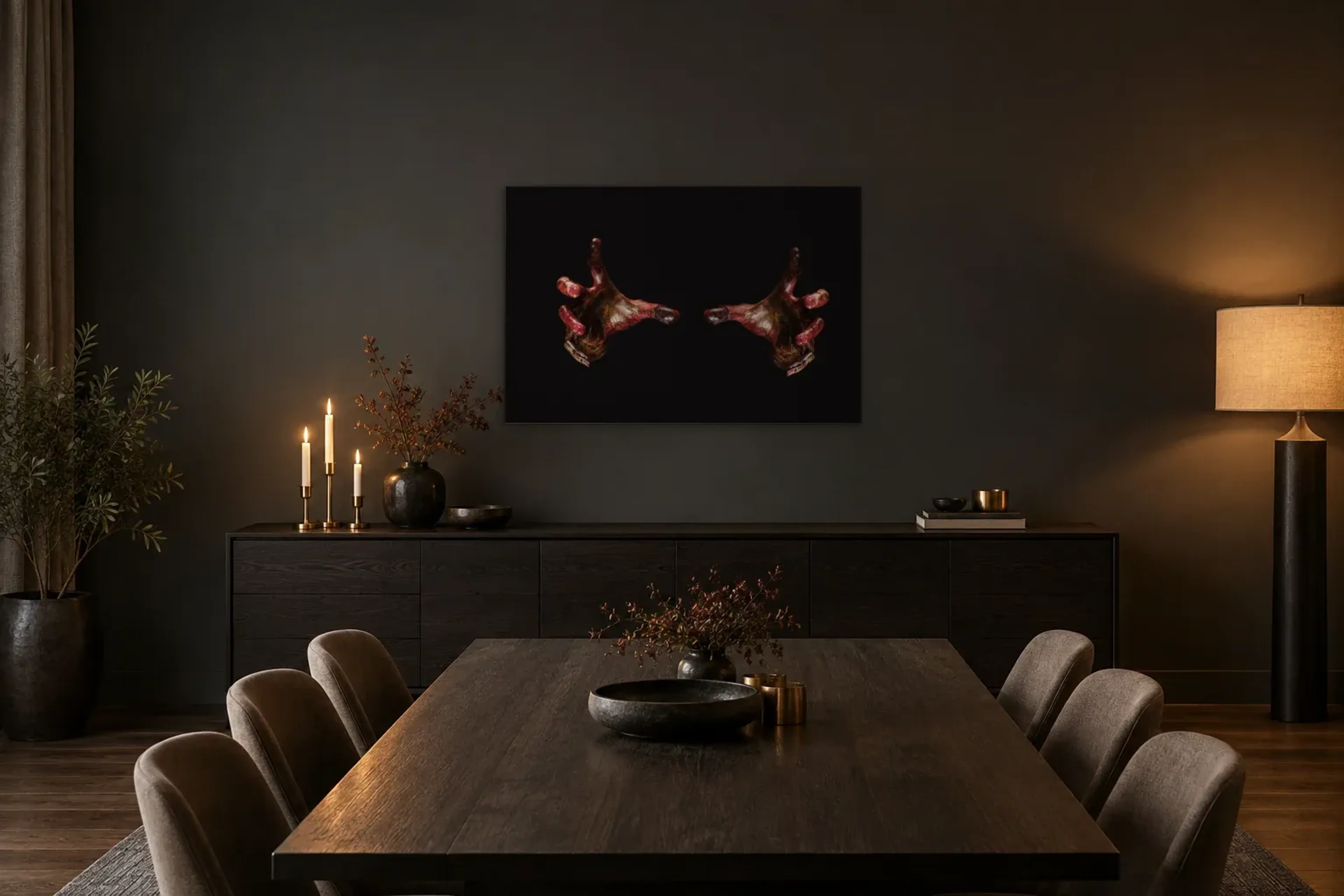 Blutige Hände als Wandbild über einem 180-cm-Sideboard