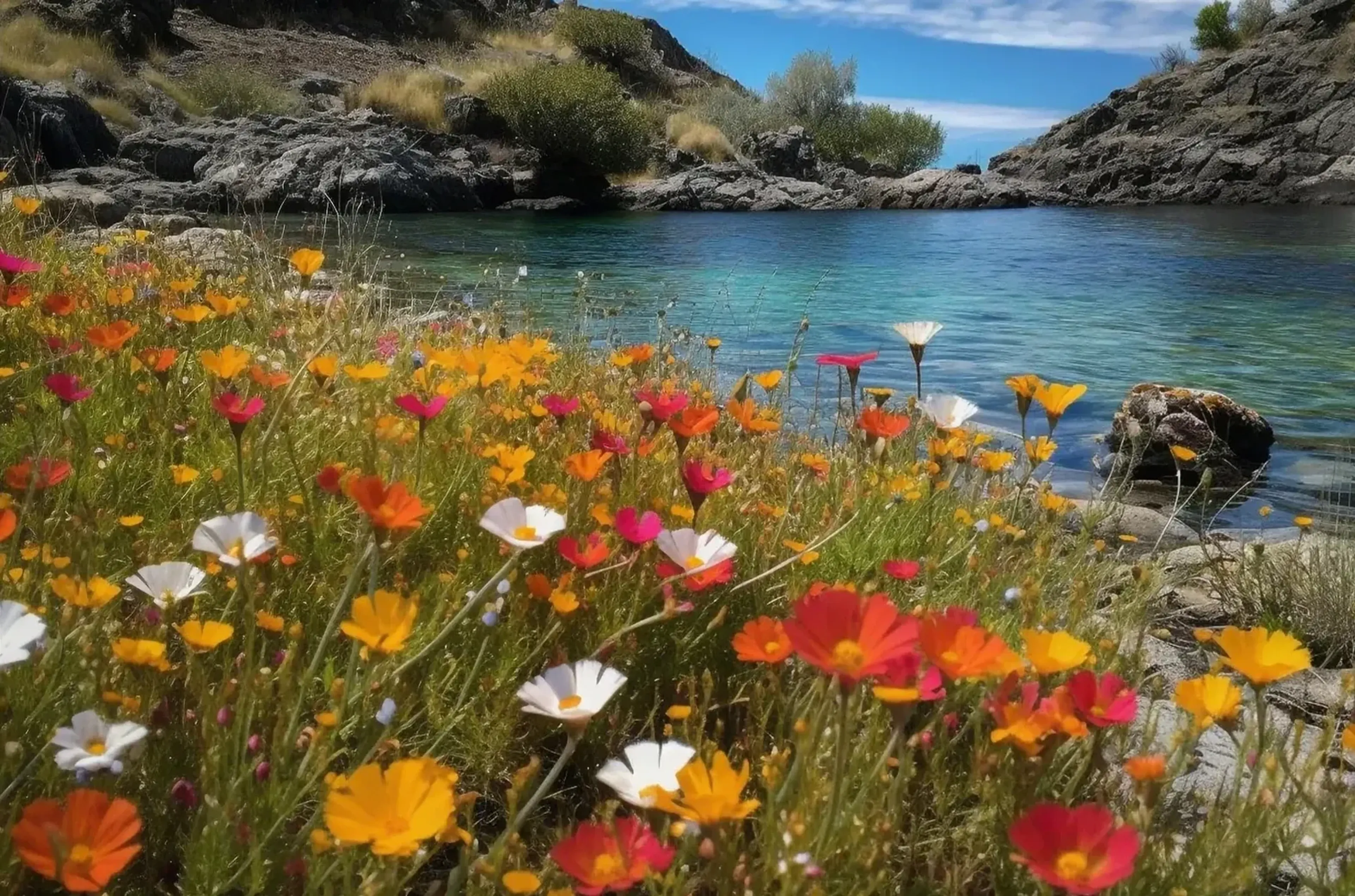 Eine bunte Blumenwiese säumt blaugrünes Wasser, dahinter liegen felsige Ufer mit Sträuchern.